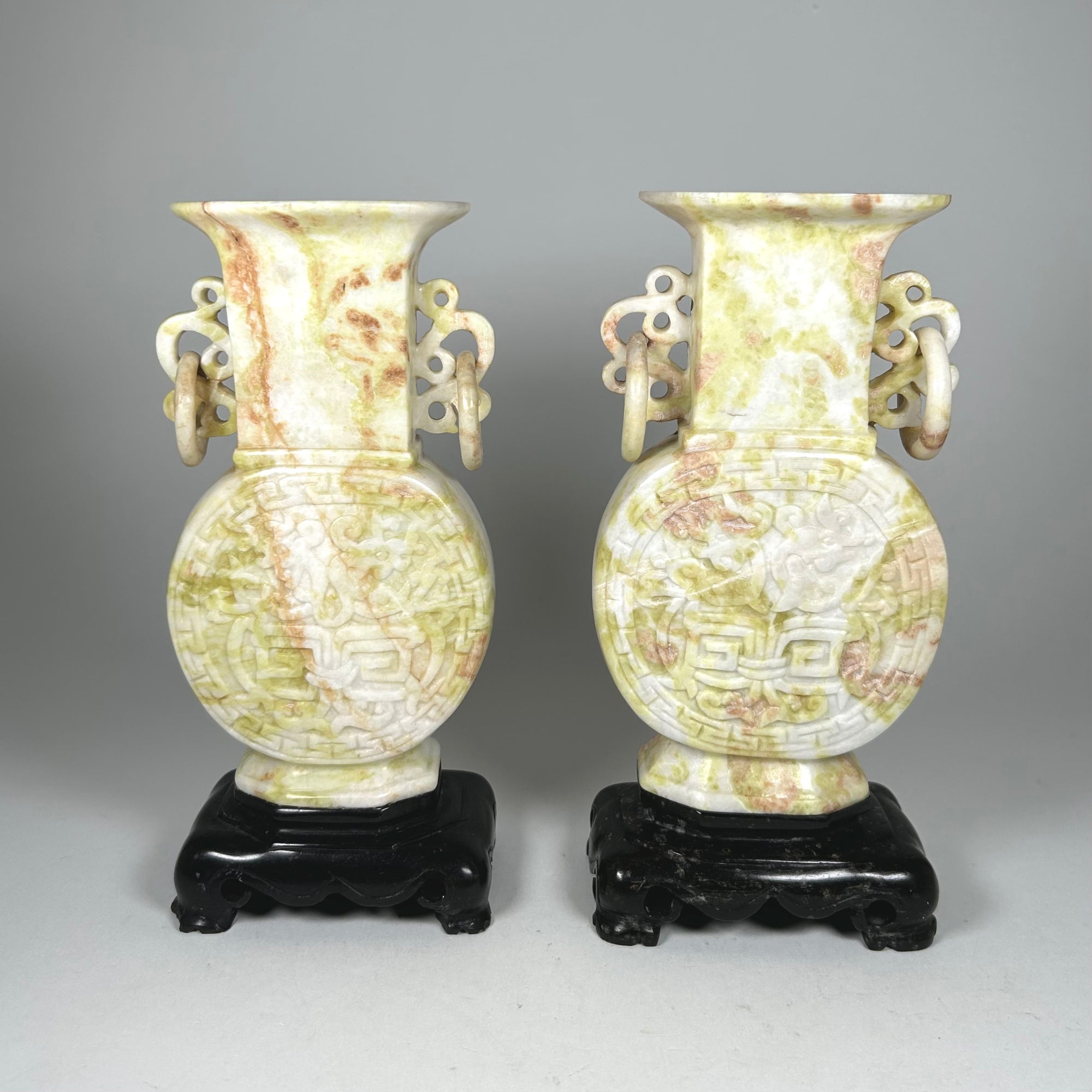 Carved Chinese Moon Vase Pair in Cream Mottled Soap Stone