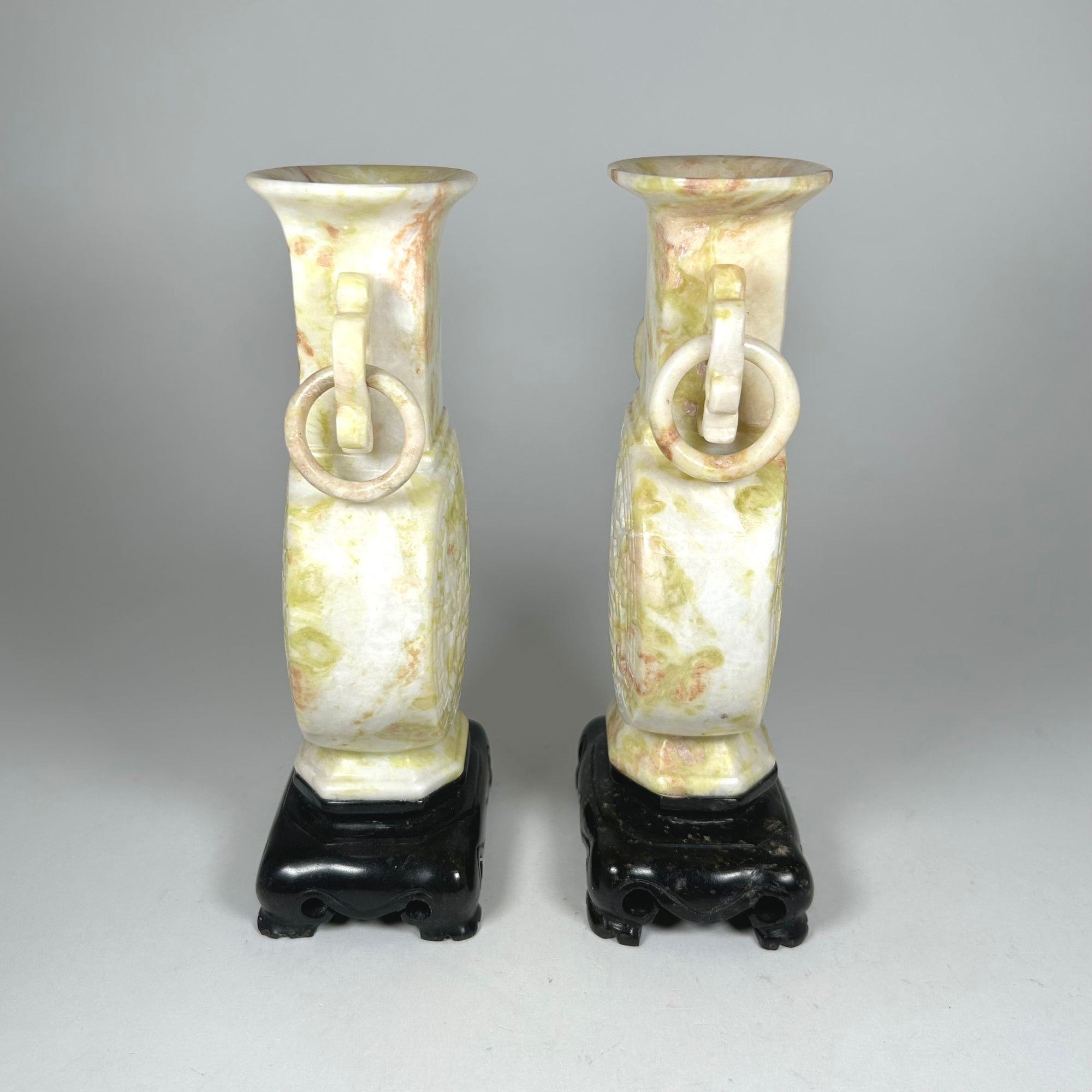 Carved Chinese Moon Vase Pair in Cream Mottled Soap Stone