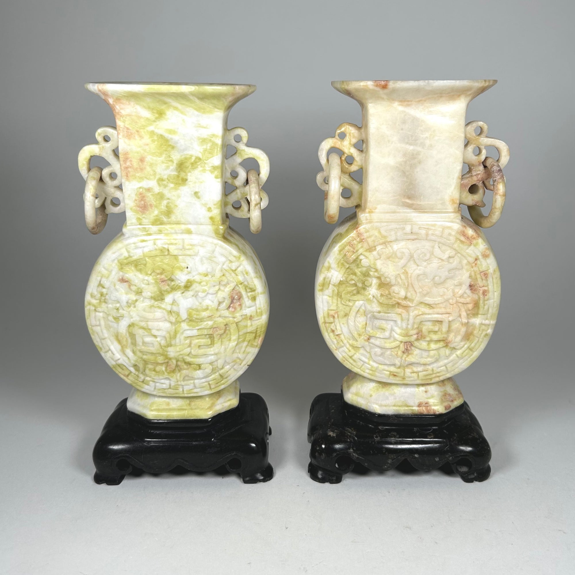 Carved Chinese Moon Vase Pair in Cream Mottled Soap Stone