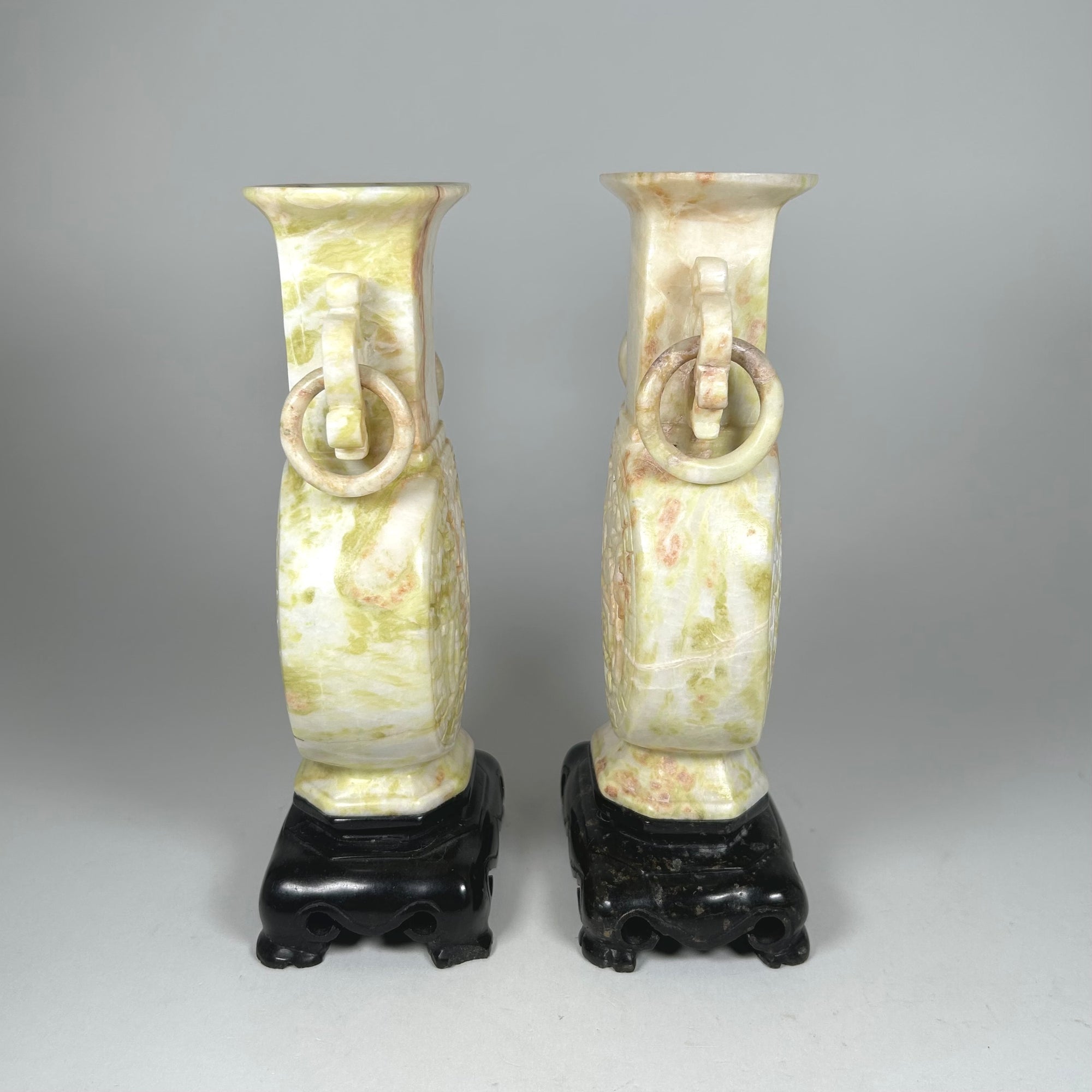 Carved Chinese Moon Vase Pair in Cream Mottled Soap Stone