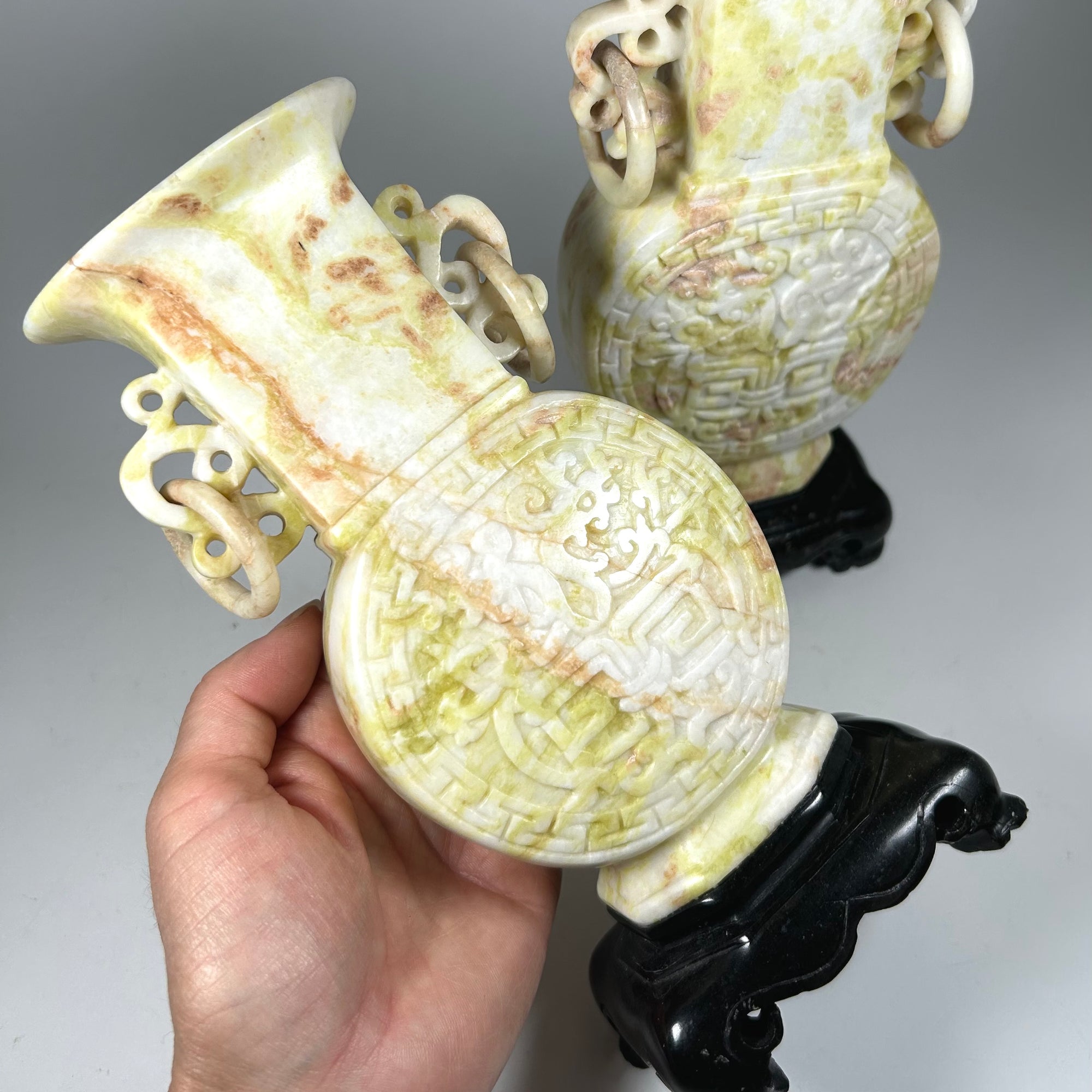 Carved Chinese Moon Vase Pair in Cream Mottled Soap Stone