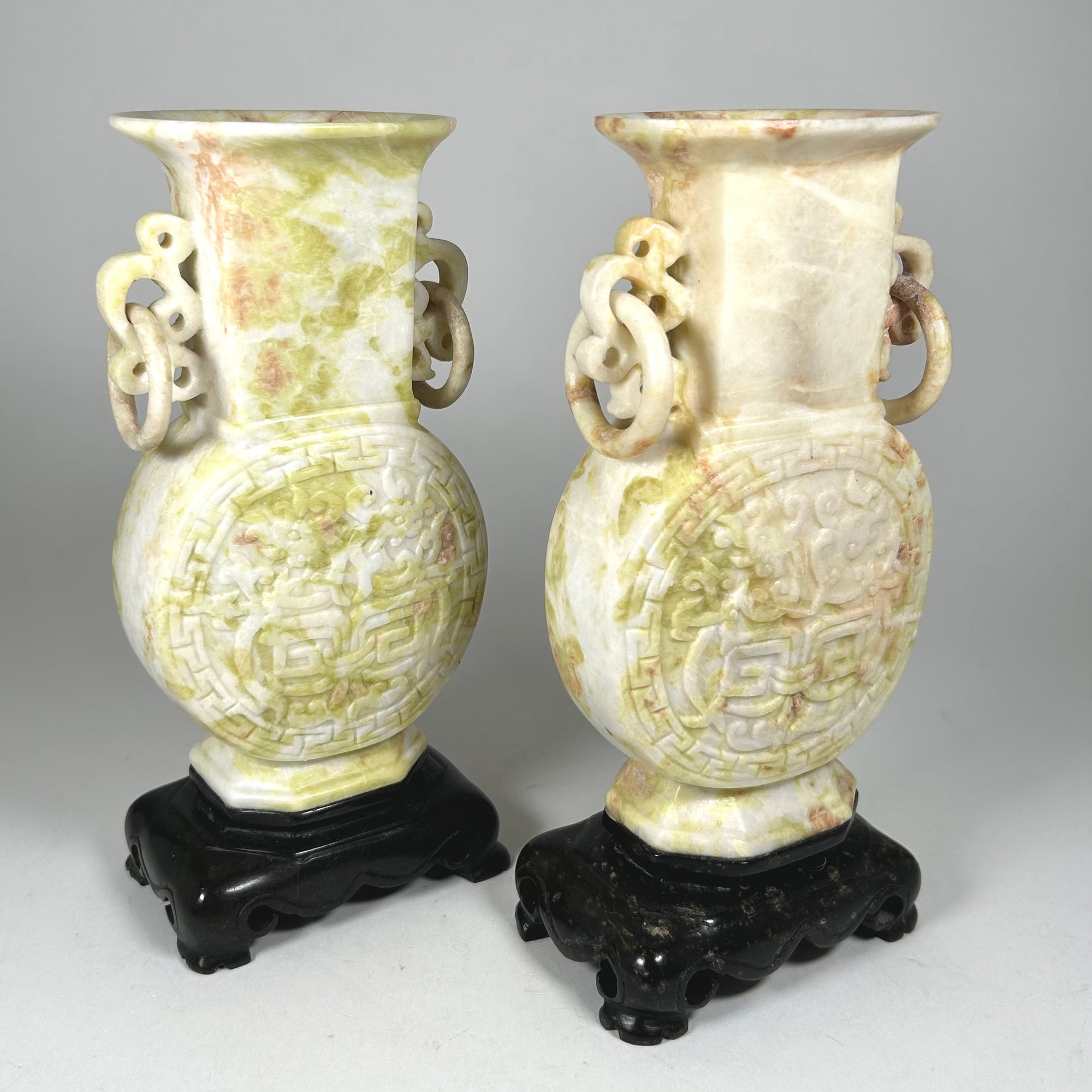 Carved Chinese Moon Vase Pair in Cream Mottled Soap Stone