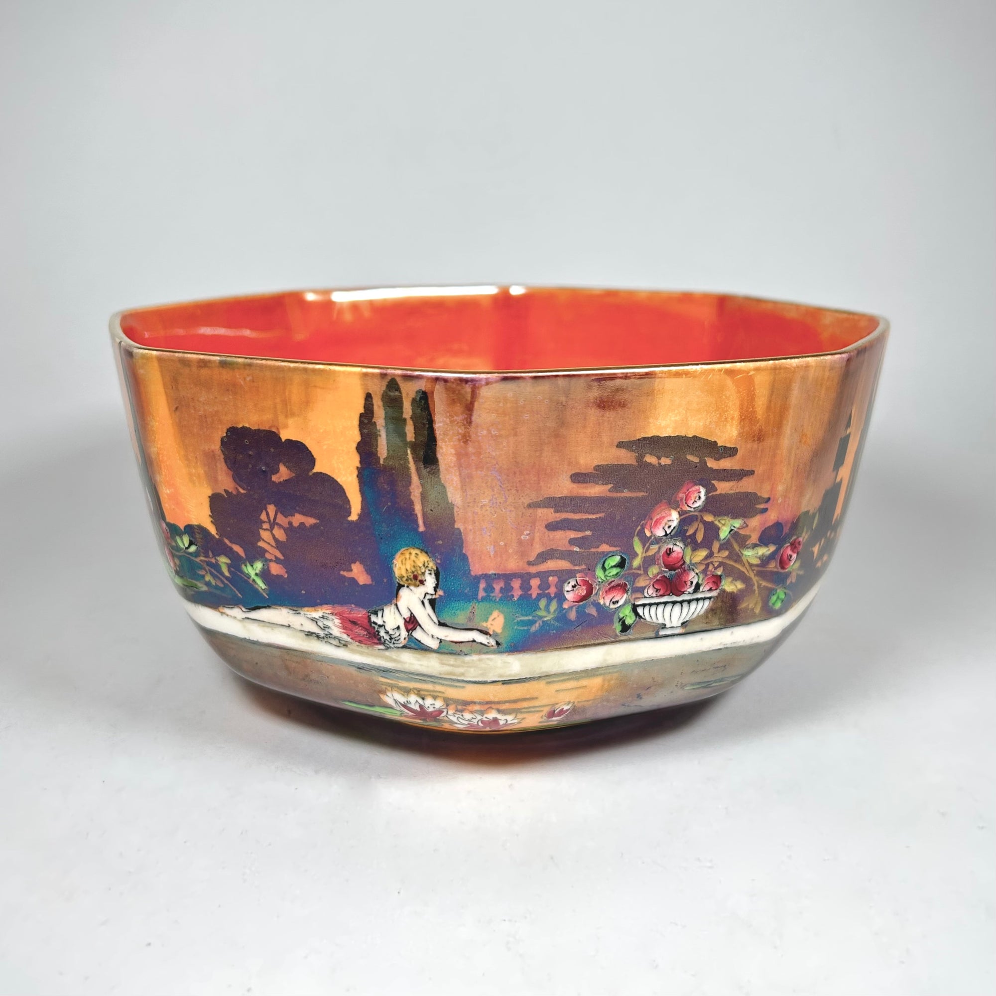 Wilkinson's Pan's Garden Art Deco Octagonal Bowl in Orange Luster