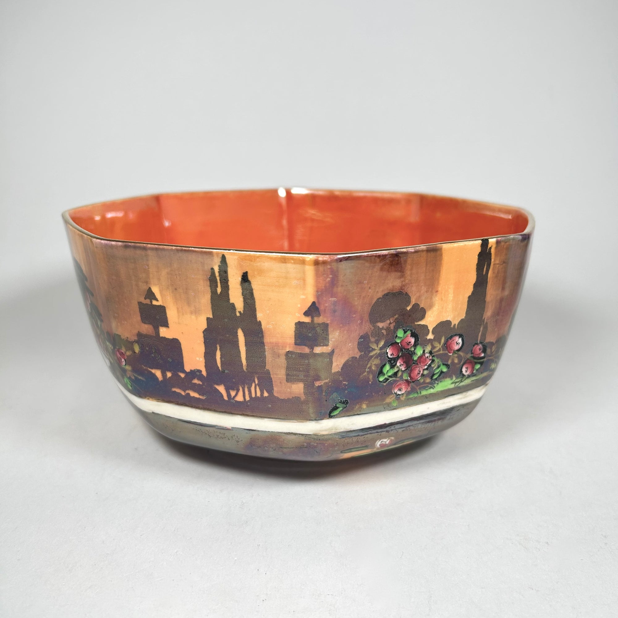 Wilkinson's Pan's Garden Art Deco Octagonal Bowl in Orange Luster