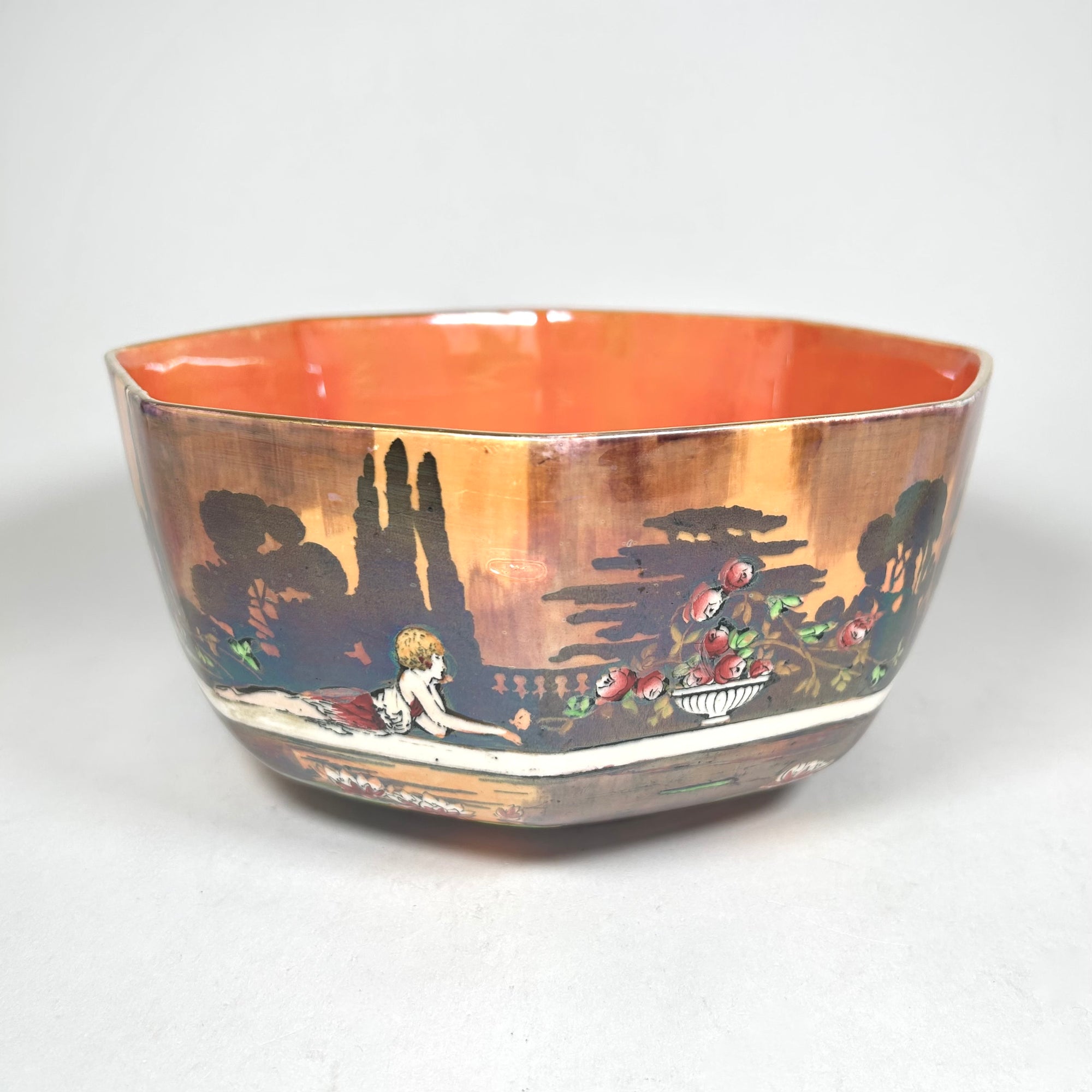 Wilkinson's Pan's Garden Art Deco Octagonal Bowl in Orange Luster