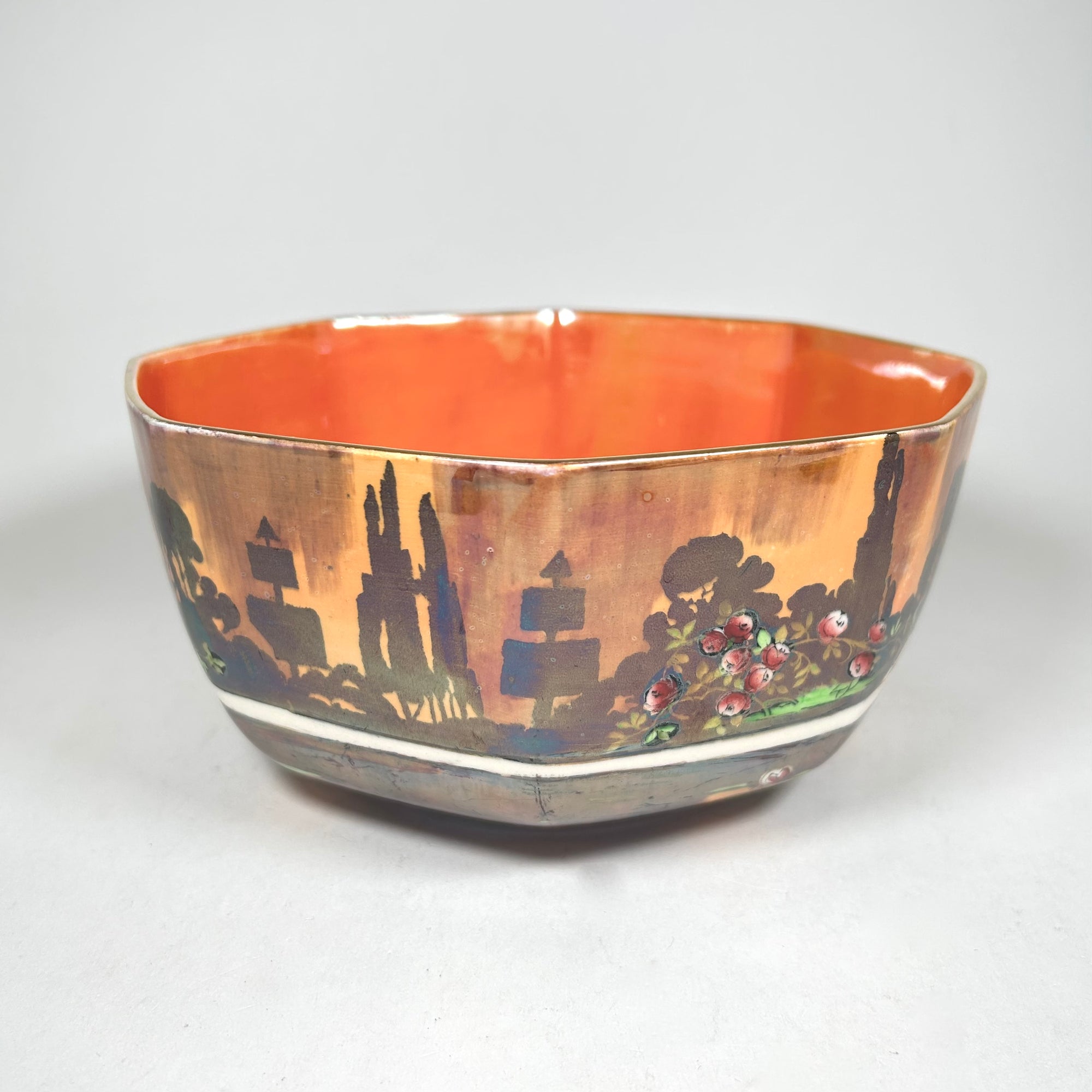 Wilkinson's Pan's Garden Art Deco Octagonal Bowl in Orange Luster