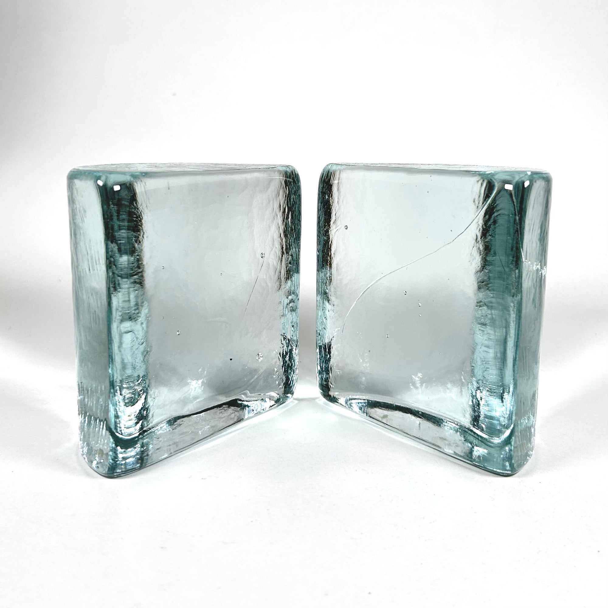 Vintage Blenko Half Moon Light Aqua Molded Glass Bookends