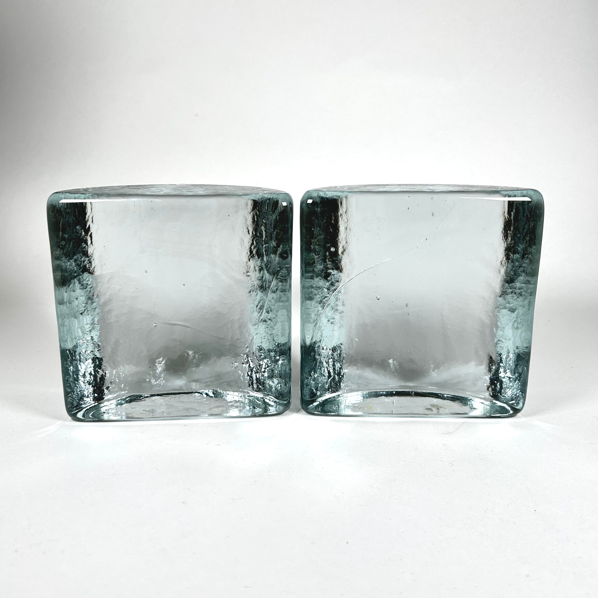 Vintage Blenko Half Moon Light Aqua Molded Glass Bookends