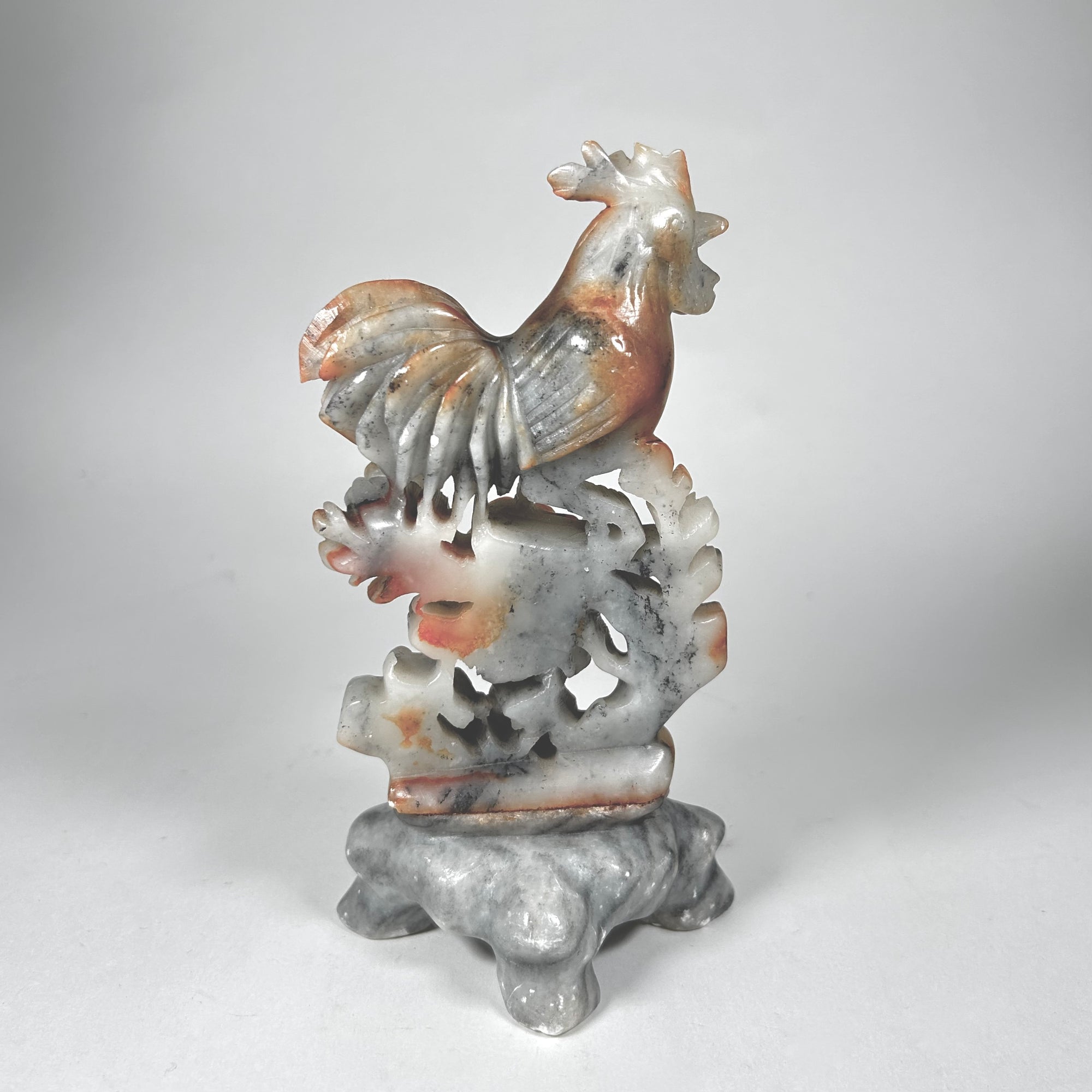Chinese Carved Hardstone Rooster and Flowers in White and Gray