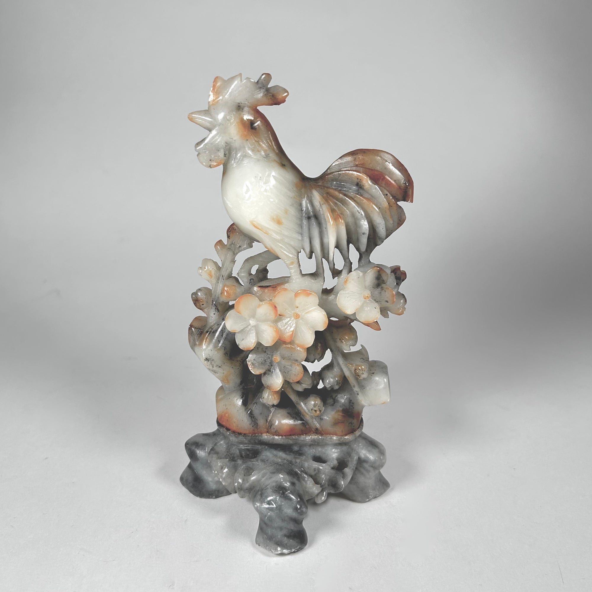 Chinese Carved Hardstone Rooster and Flowers in White and Gray