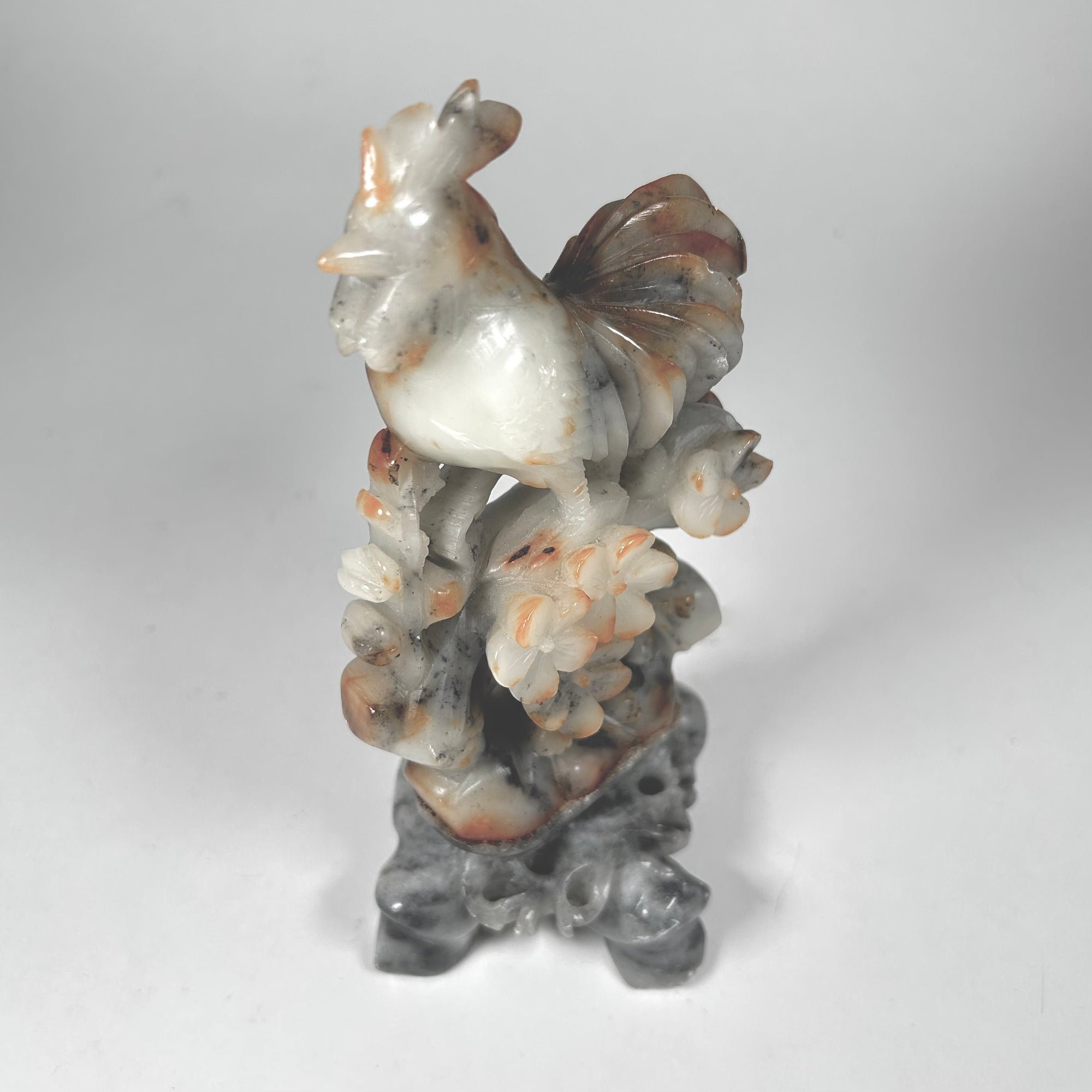 Chinese Carved Hardstone Rooster and Flowers in White and Gray
