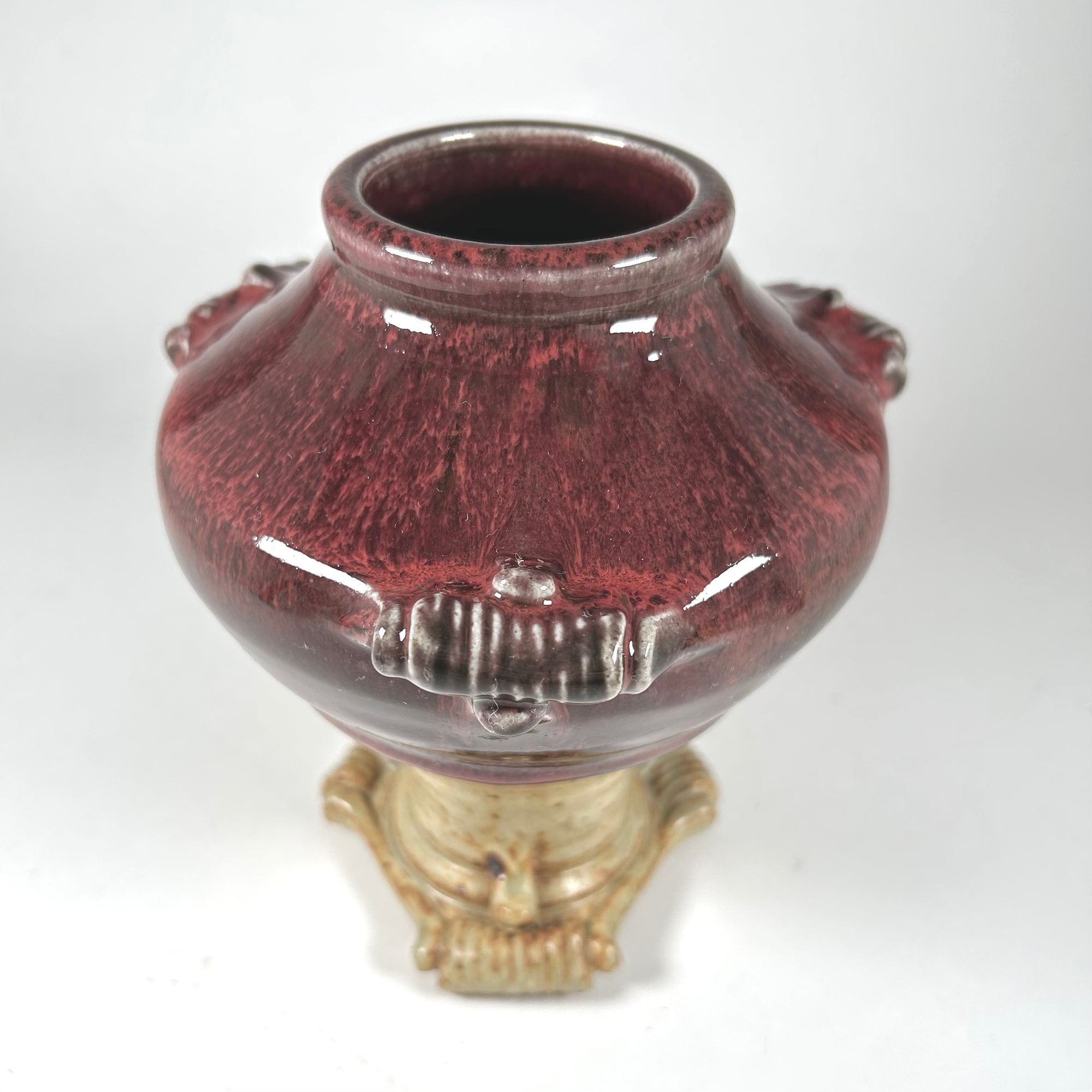 Art Pottery Urn Shaped Vase in Flambe Red Glaze and Tan