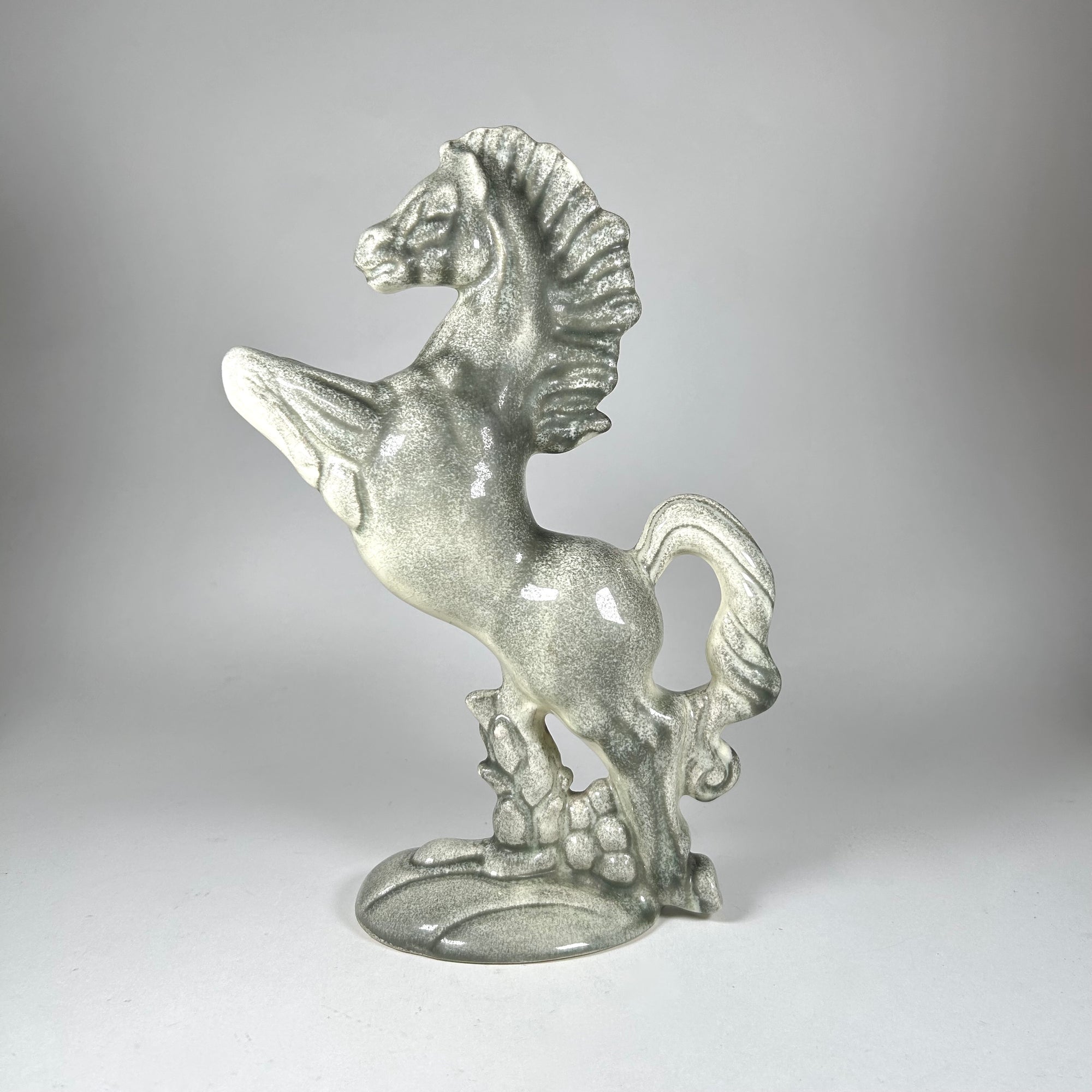Mid-Century Rearing Horse Figure in Speckled Celadon Color