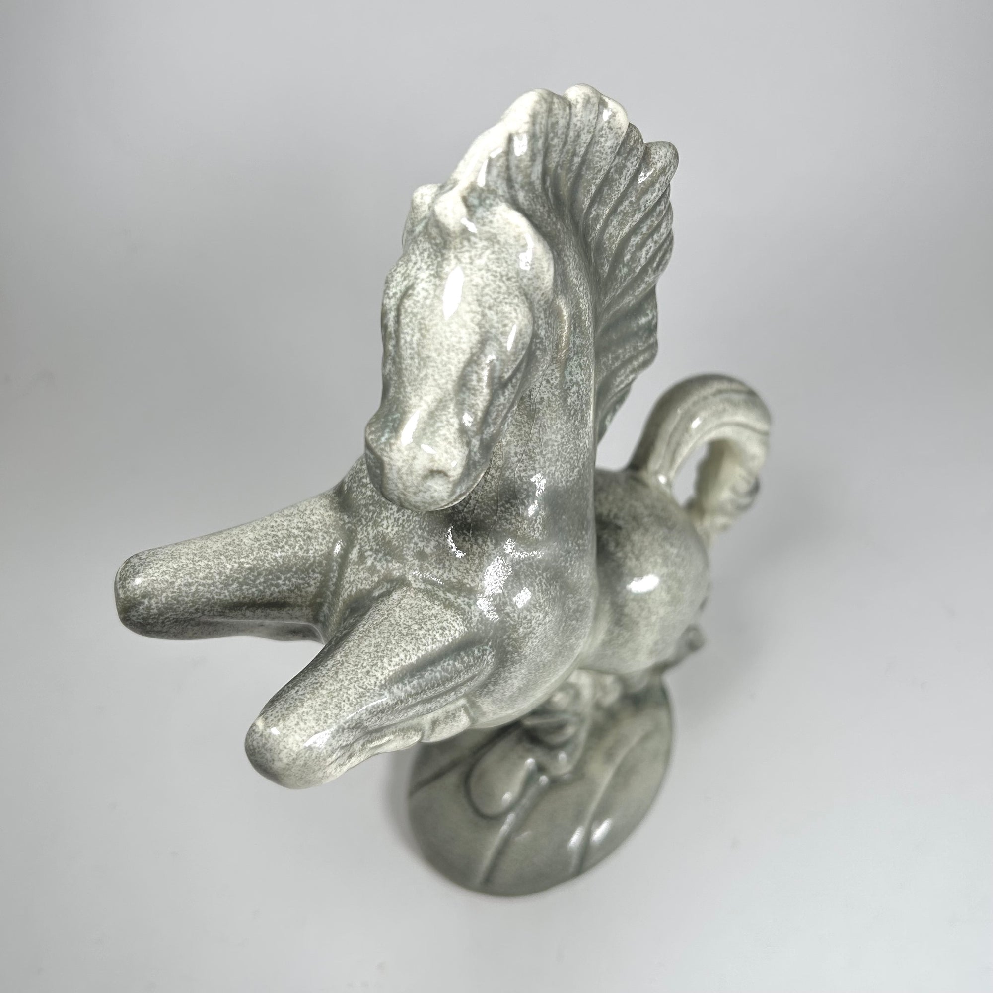 Mid-Century Rearing Horse Figure in Speckled Celadon Color
