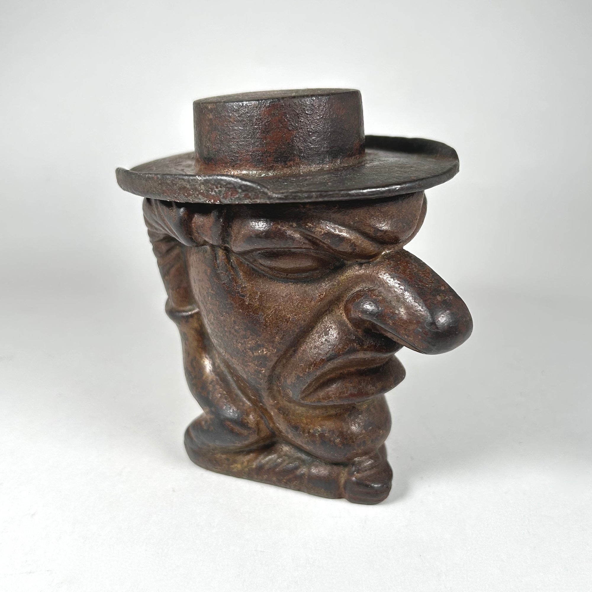 Humorous Cast Iron Man's Head with Big Nose Small Body Snuff Box