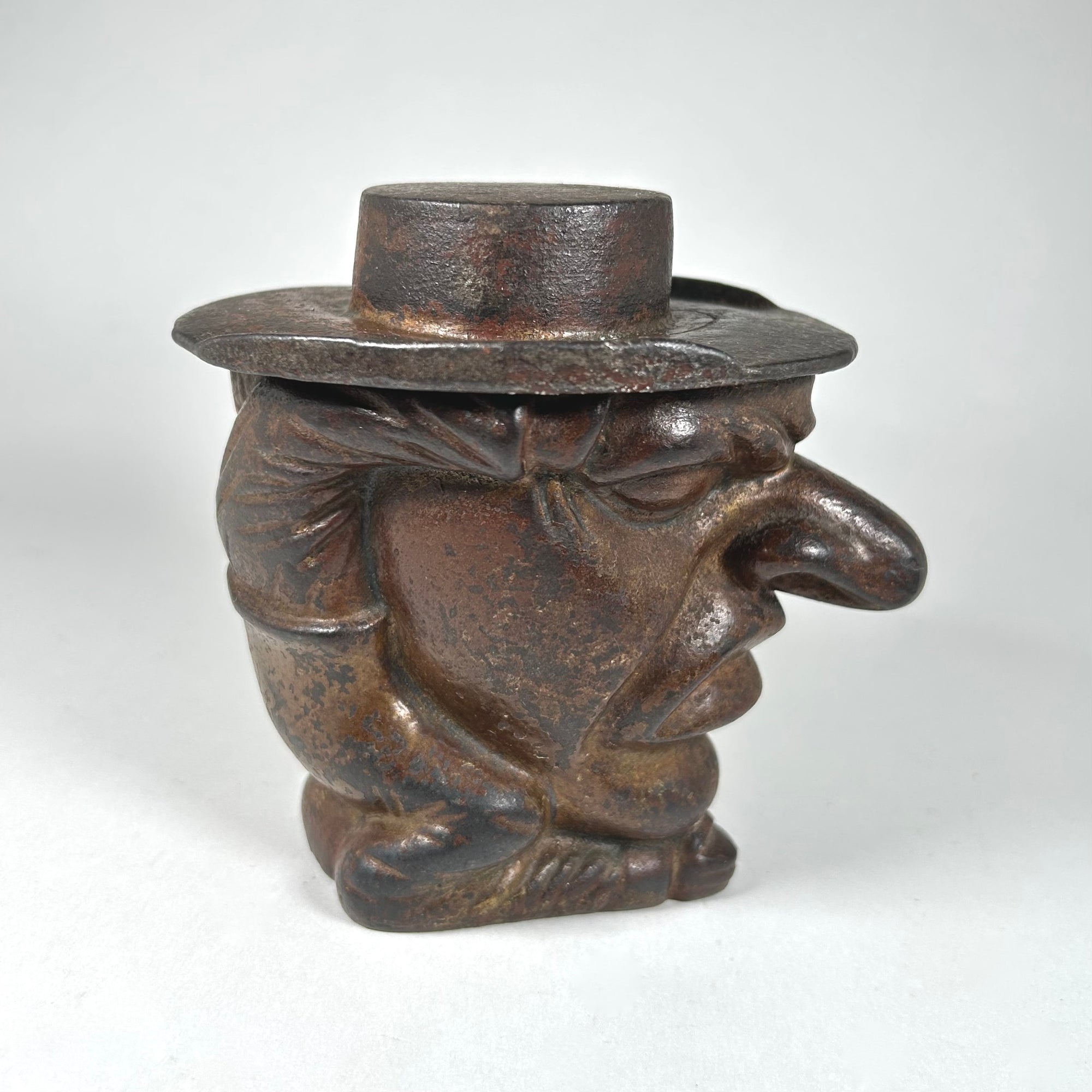 Humorous Cast Iron Man's Head with Big Nose Small Body Snuff Box