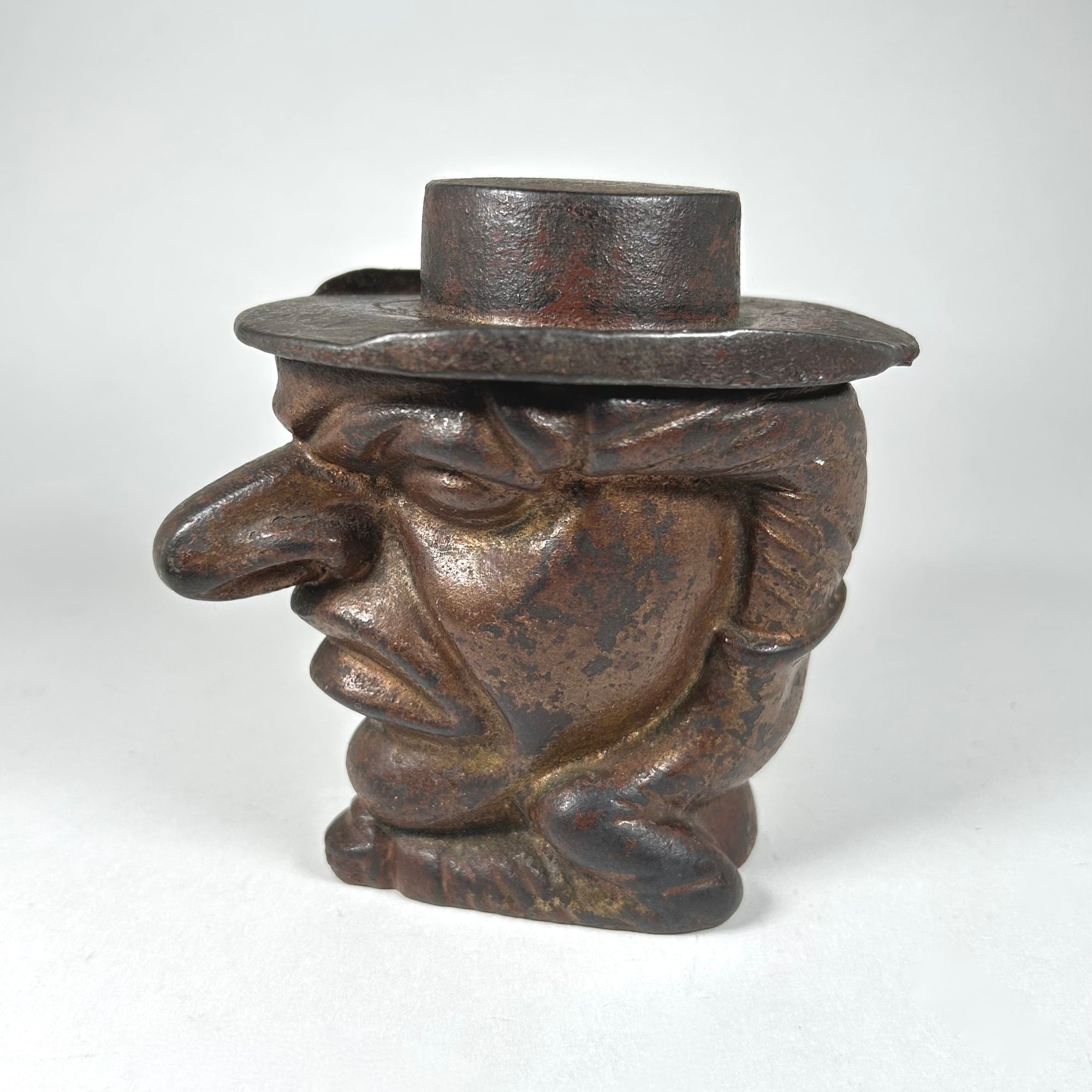 Humorous Cast Iron Man's Head with Big Nose Small Body Snuff Box