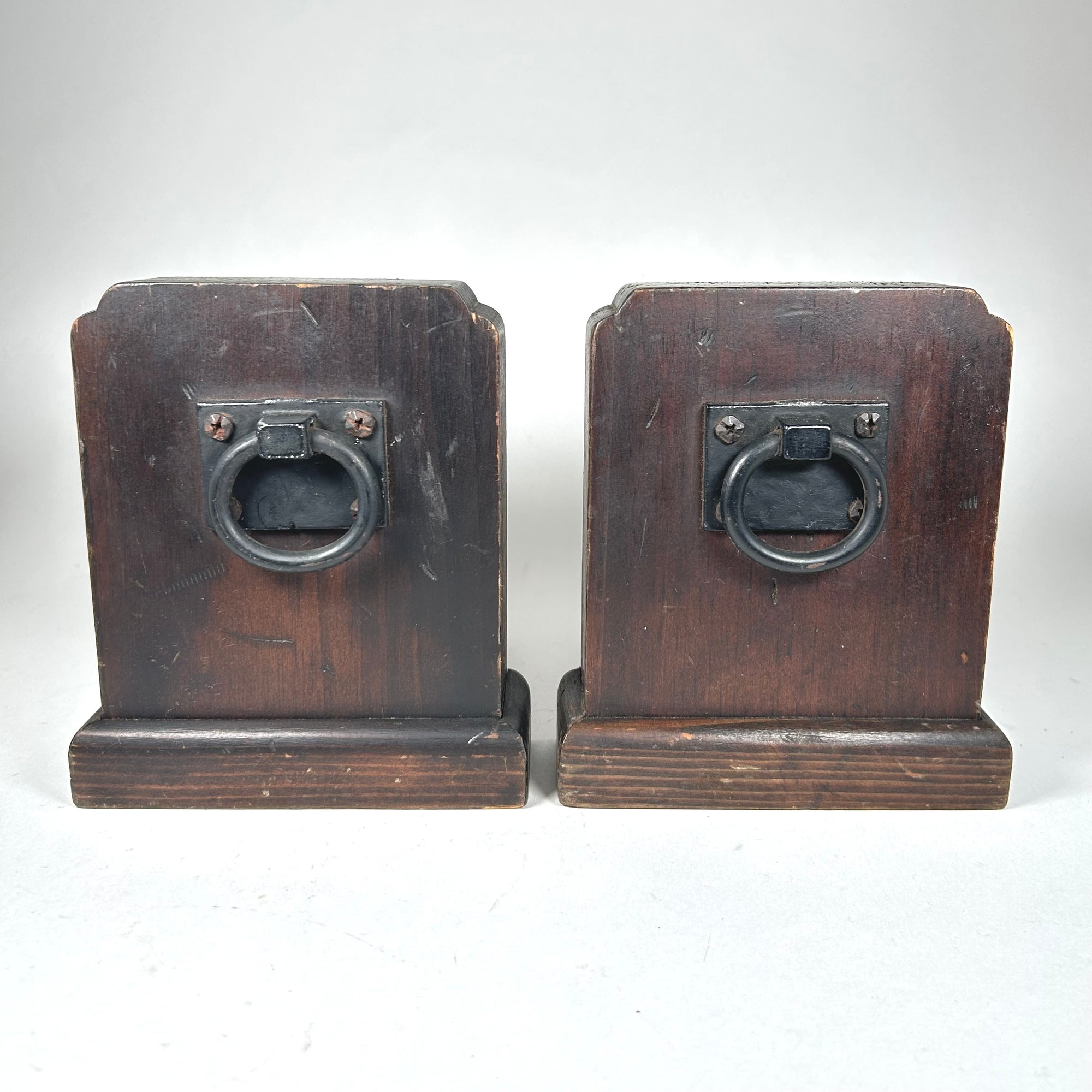 Vintage Primitive Wood with Metal Ring Bookends