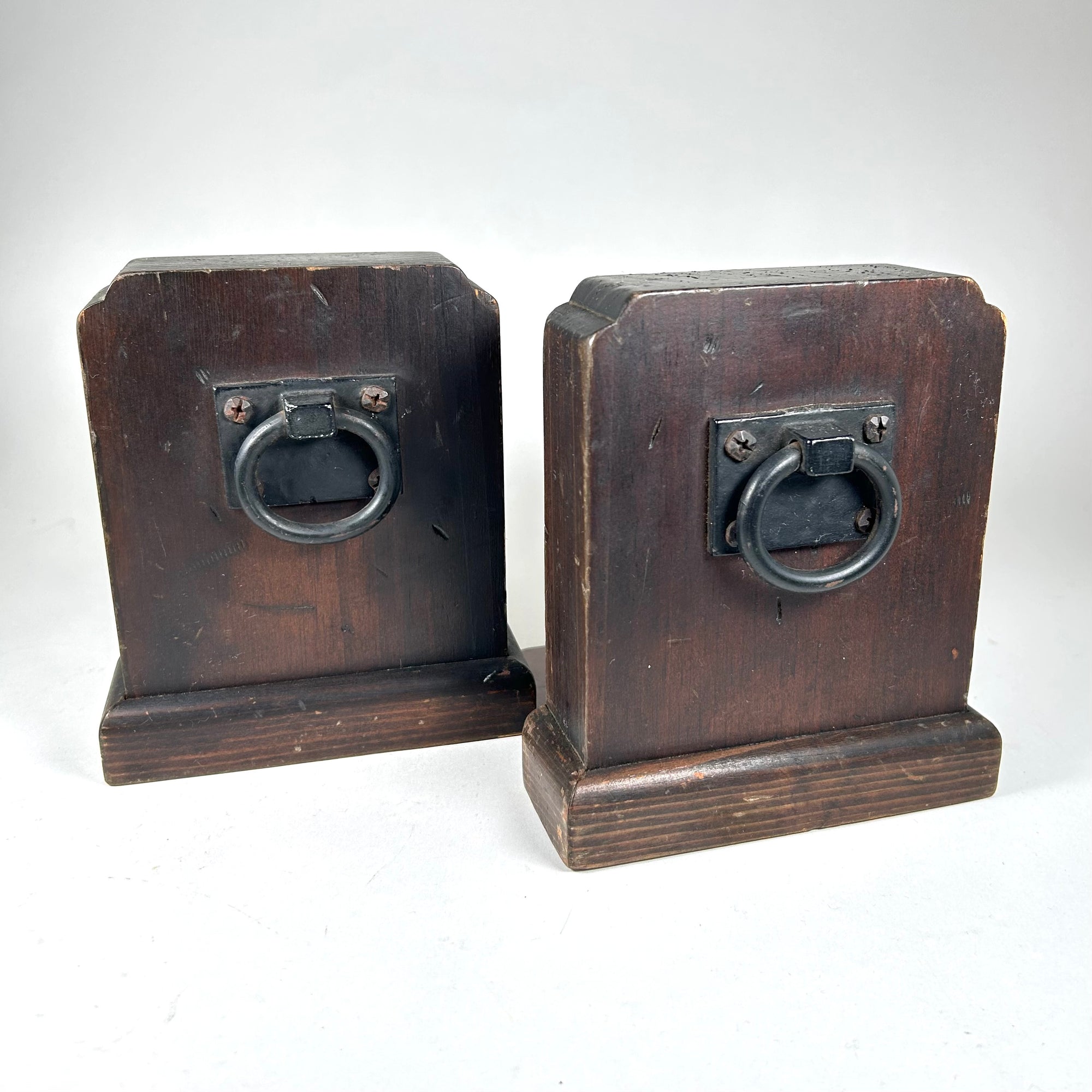 Vintage Primitive Wood with Metal Ring Bookends