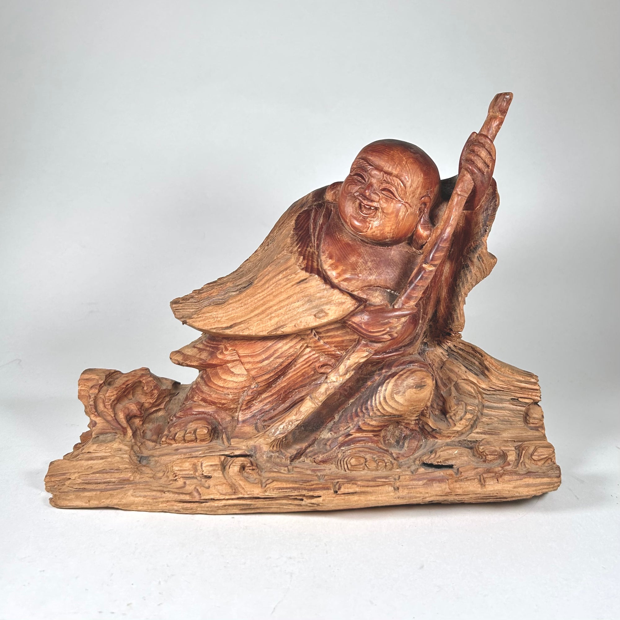 Hand Carved Rustic Wood Buddha with Happy Expression