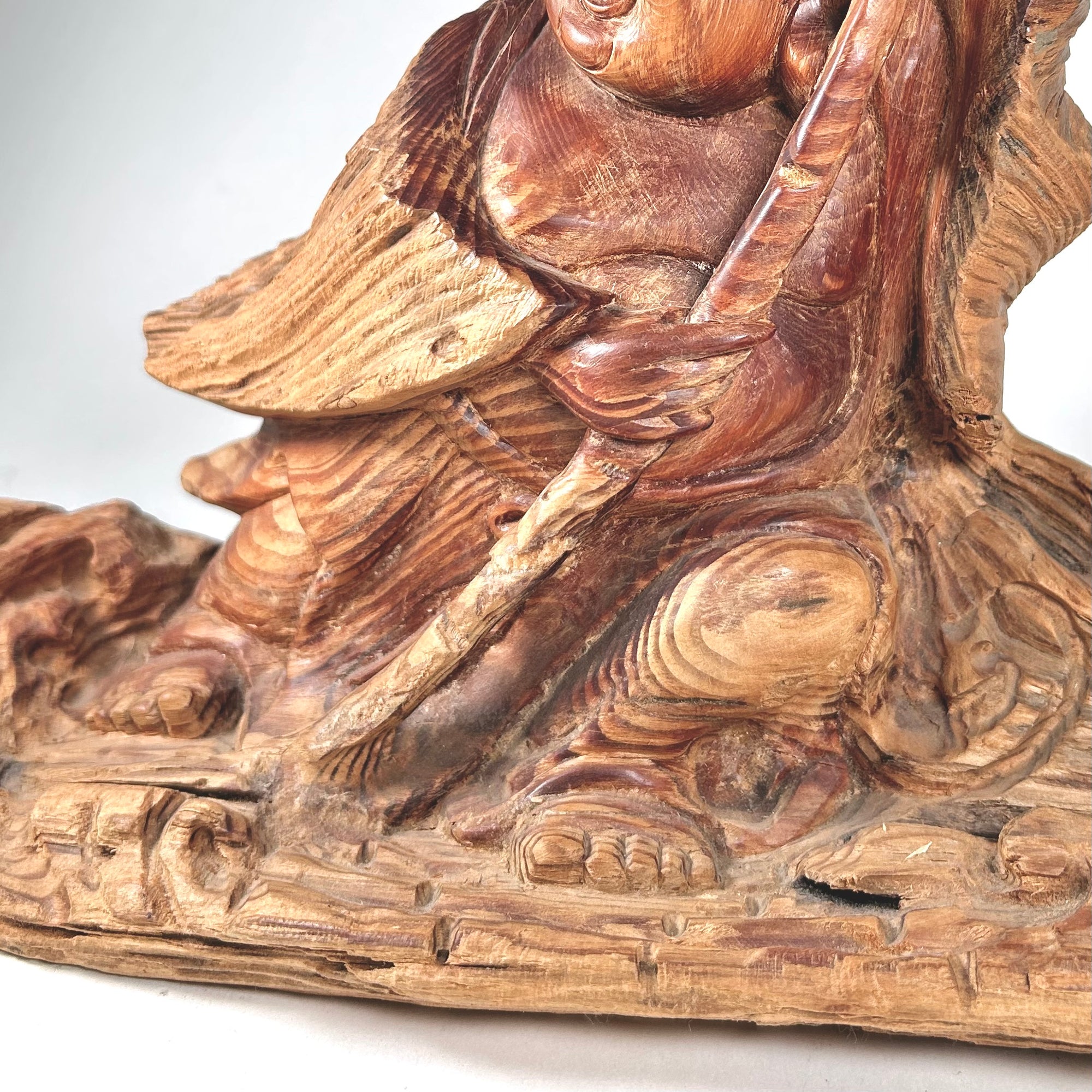 Hand Carved Rustic Wood Buddha with Happy Expression