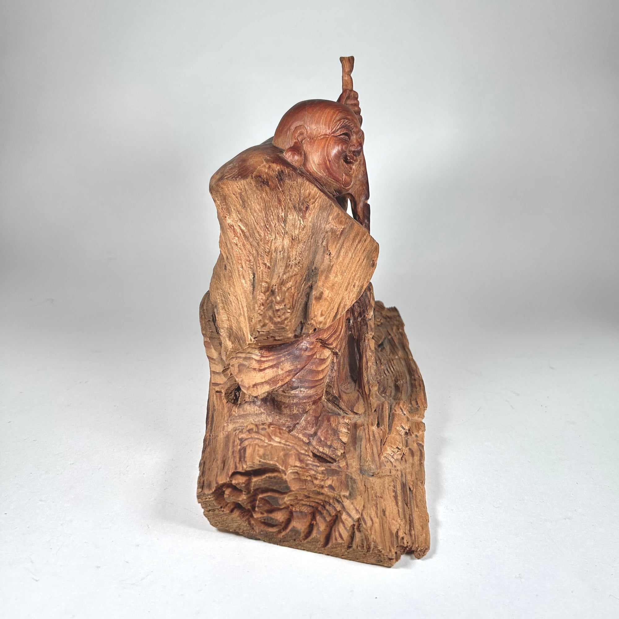 Hand Carved Rustic Wood Buddha with Happy Expression