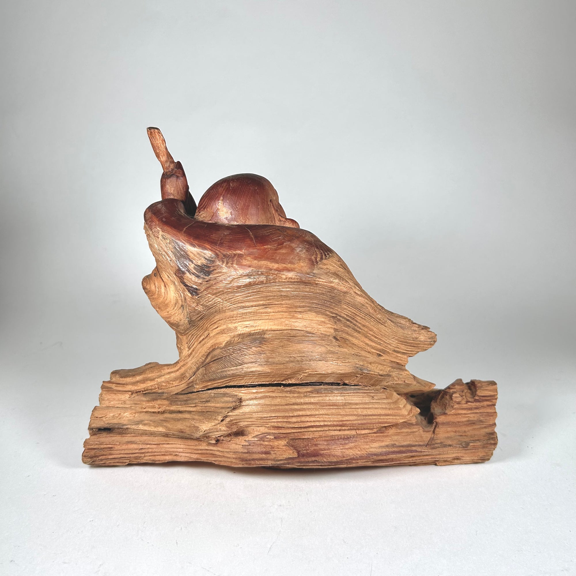 Hand Carved Rustic Wood Buddha with Happy Expression