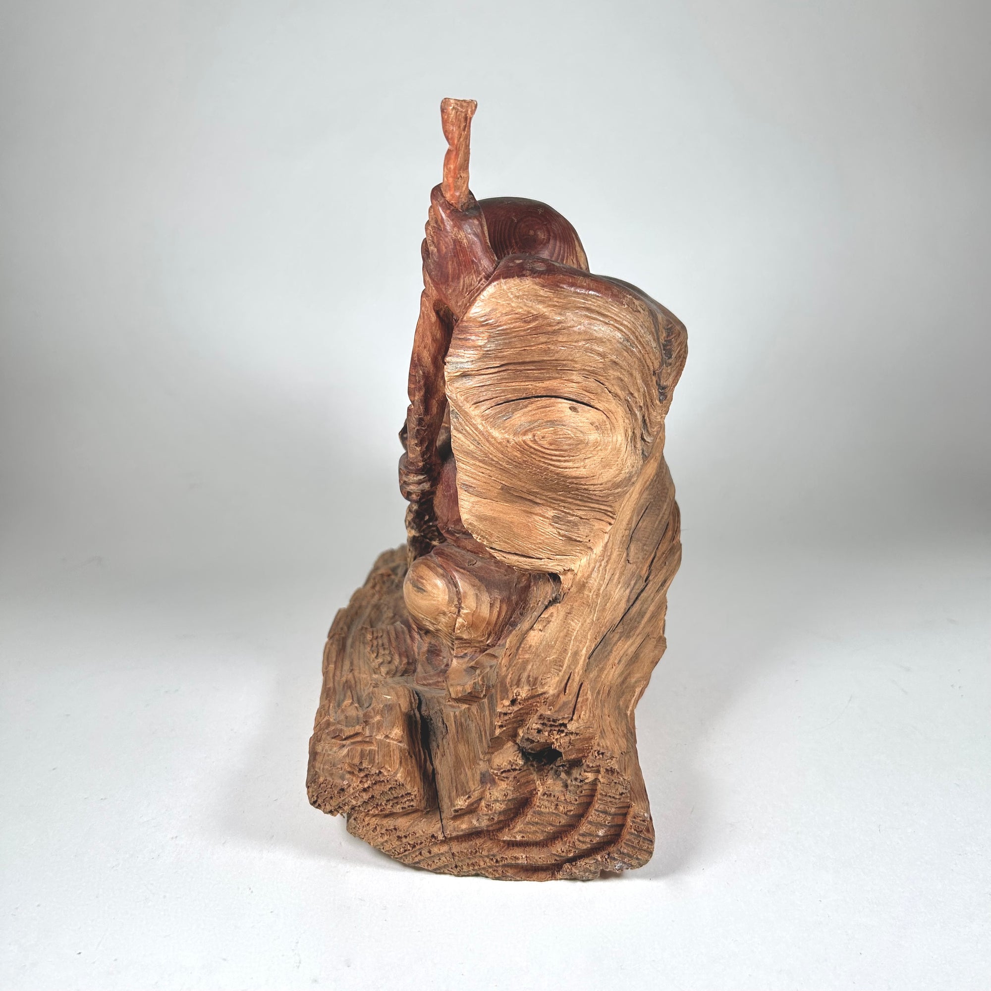 Hand Carved Rustic Wood Buddha with Happy Expression