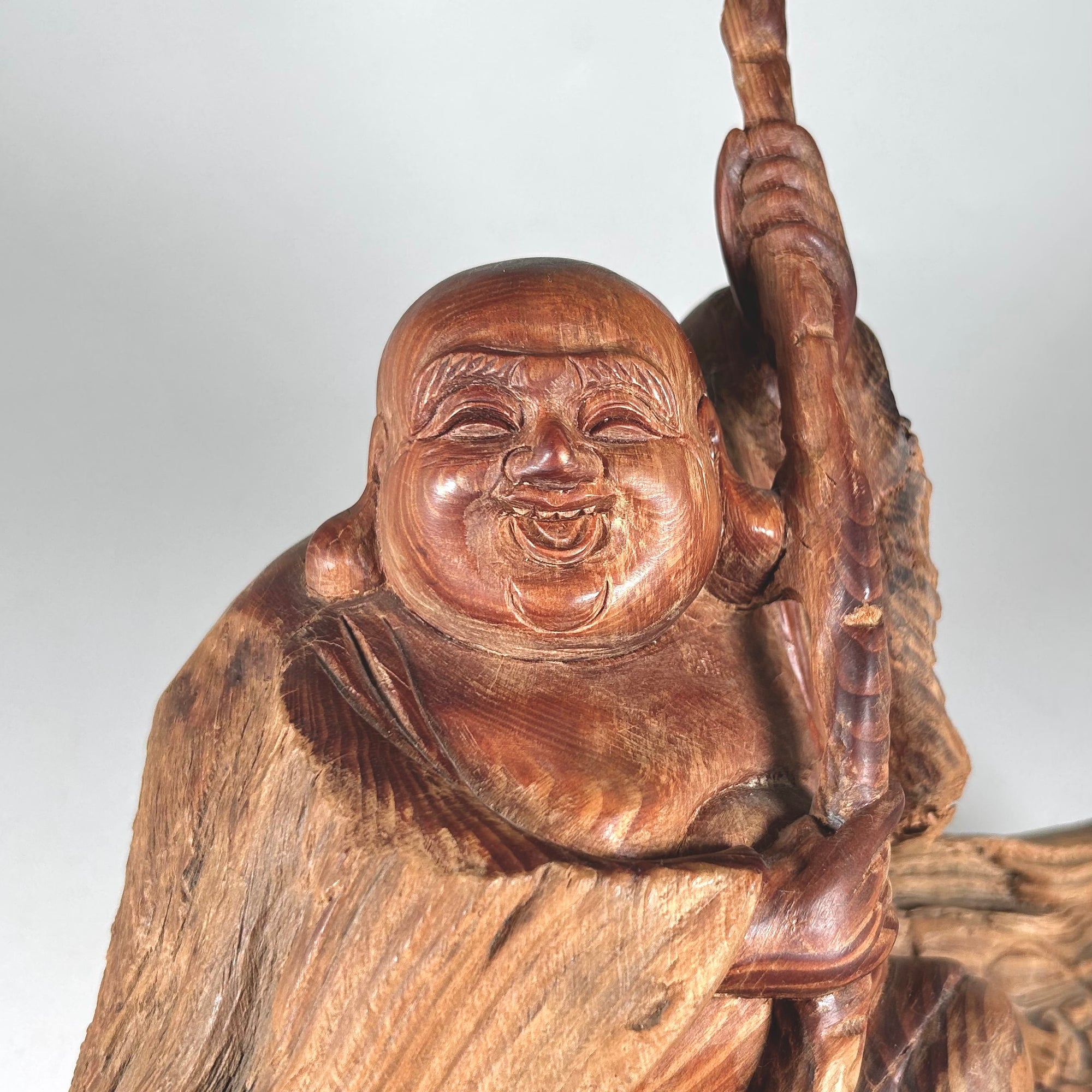 Hand Carved Rustic Wood Buddha with Happy Expression