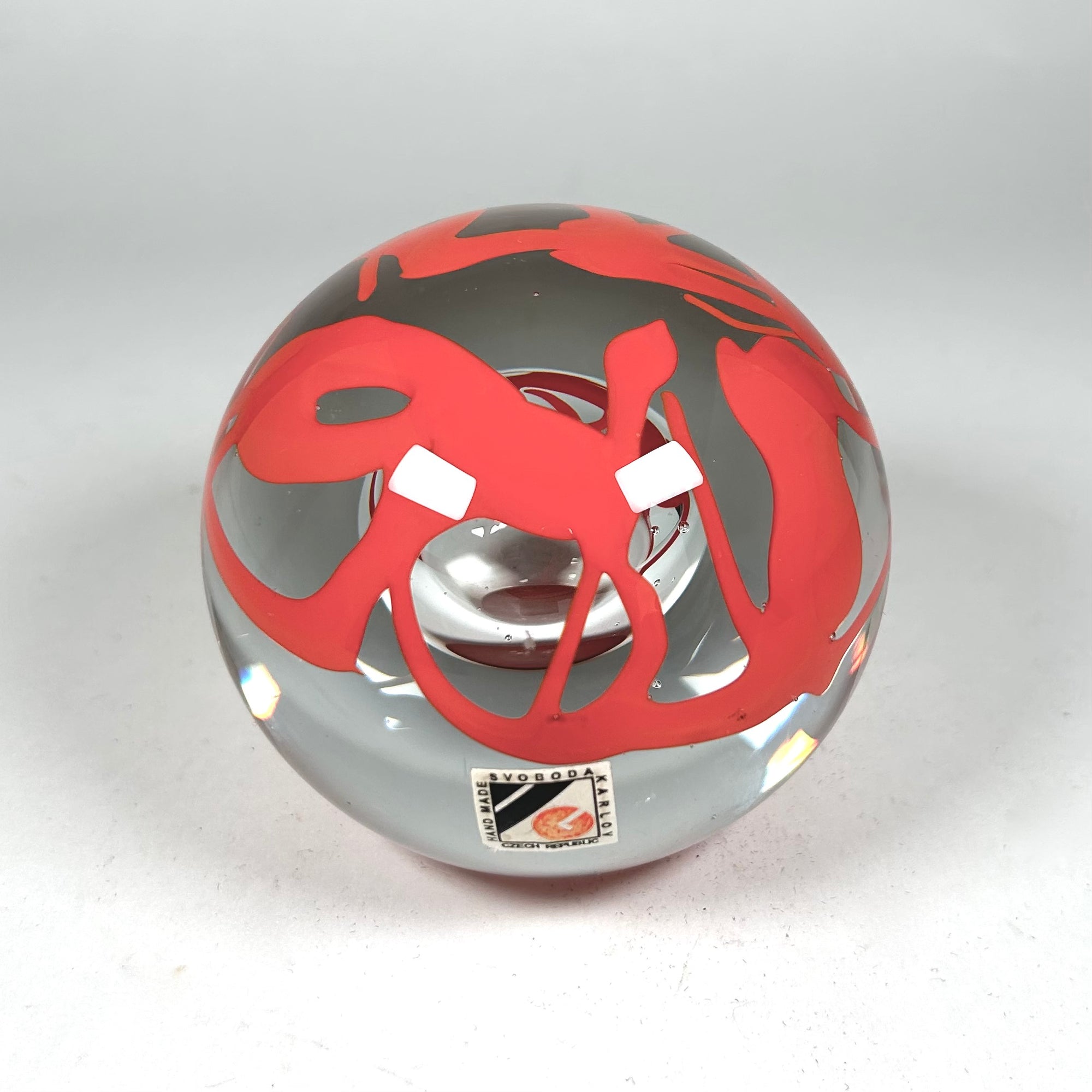 Svoboda Karloz Czech Glass Paperweight with Orange Abstract Design