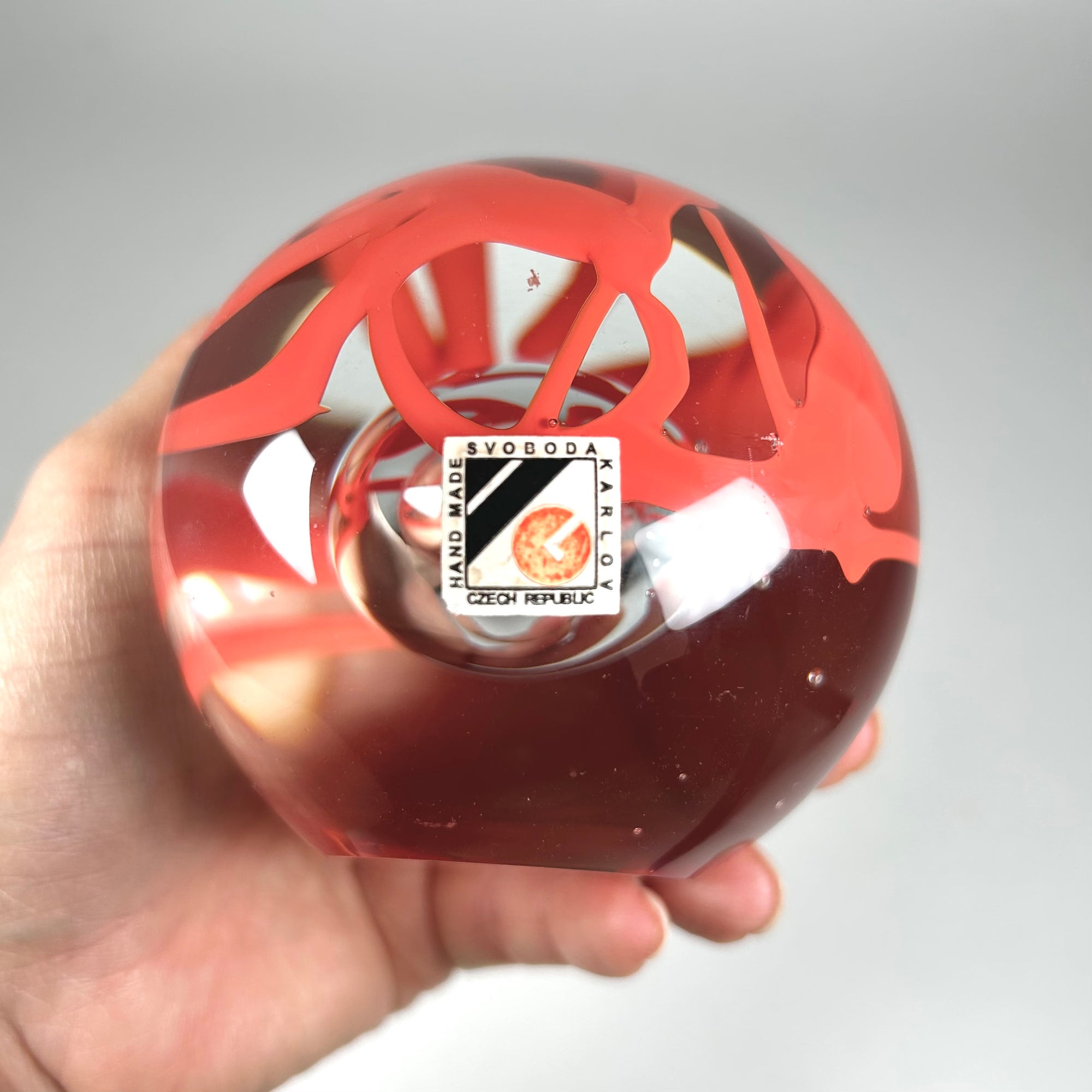 Svoboda Karloz Czech Glass Paperweight with Orange Abstract Design
