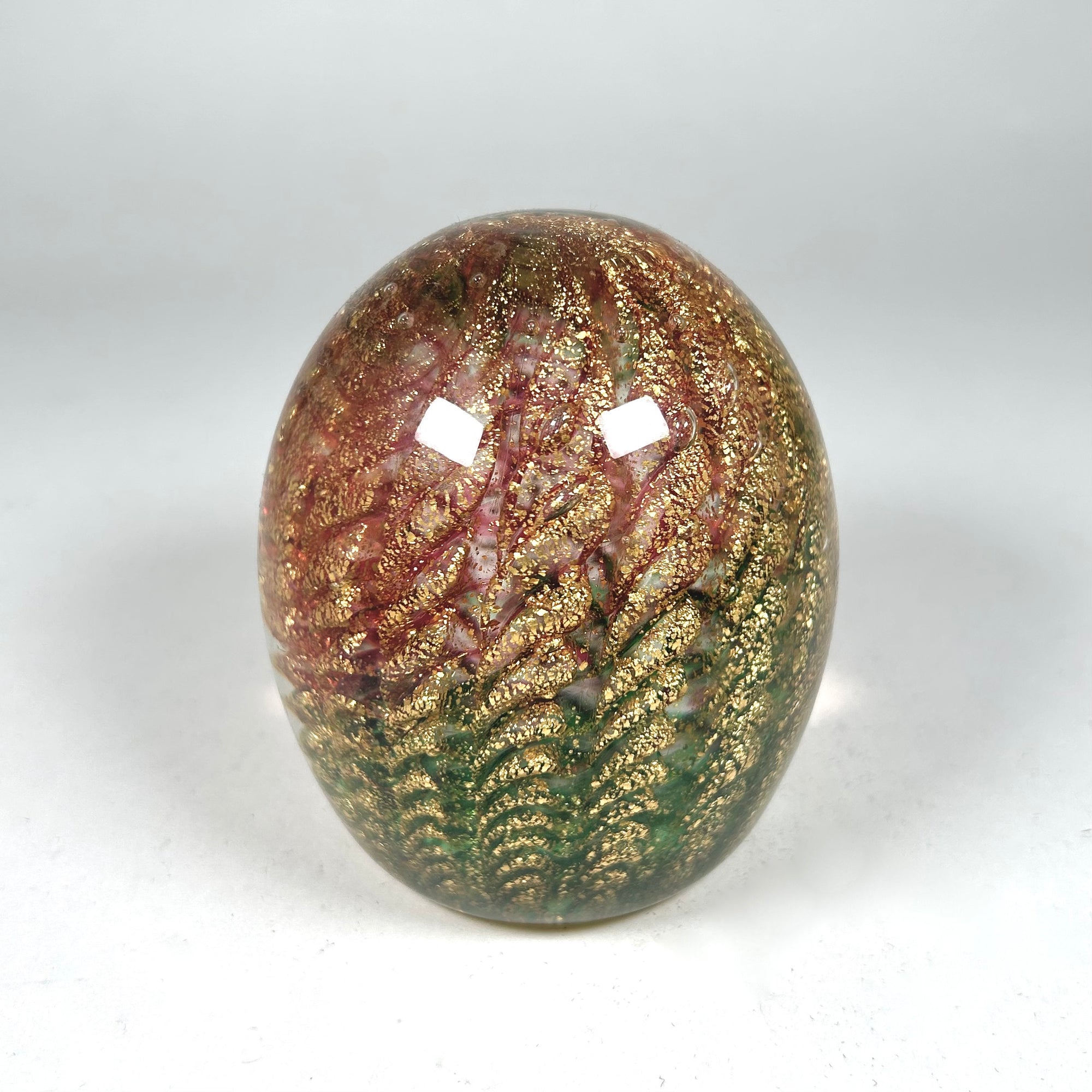 Iridescent Egg Shaped Art Glass Paperweight in Green and Red
