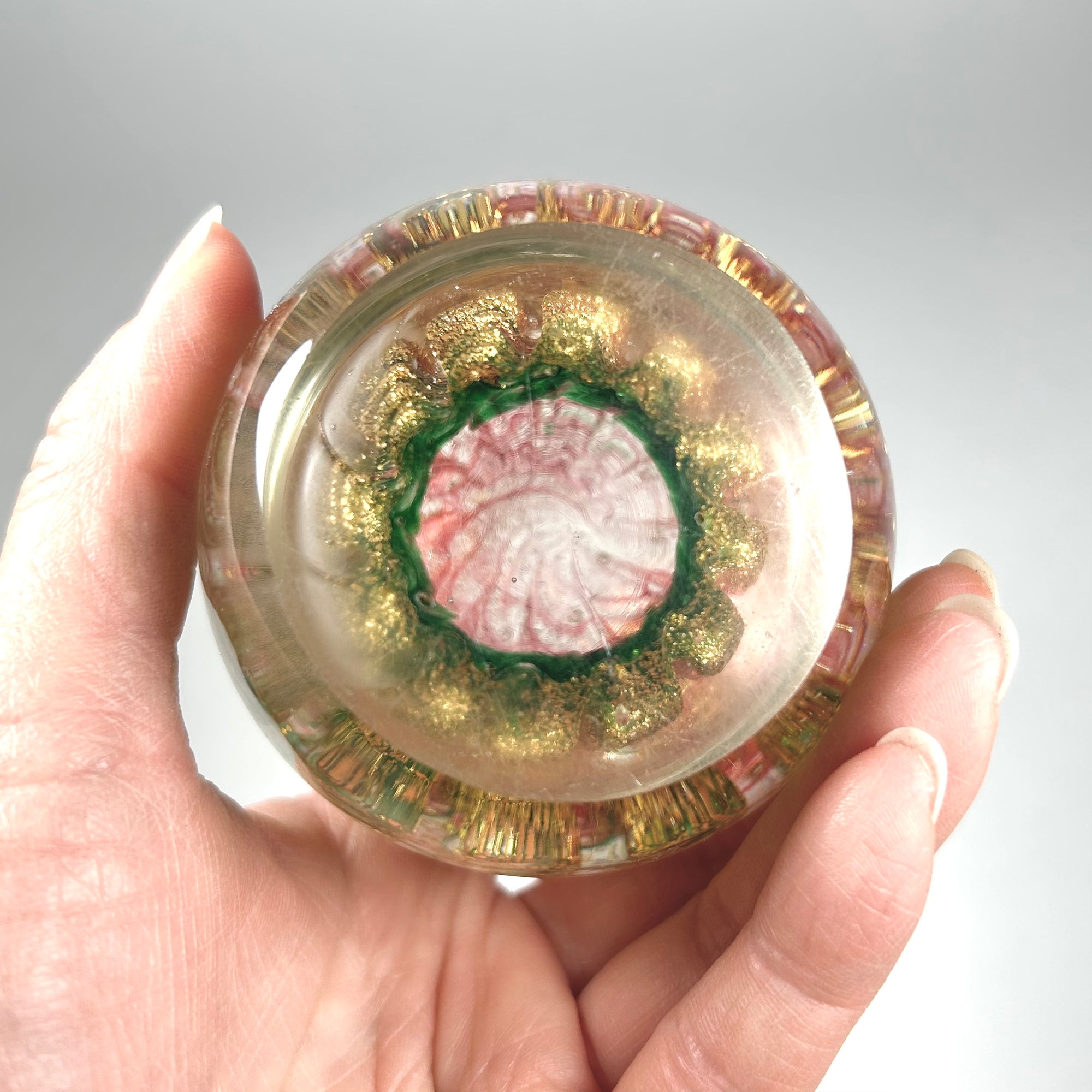 Iridescent Egg Shaped Art Glass Paperweight in Green and Red