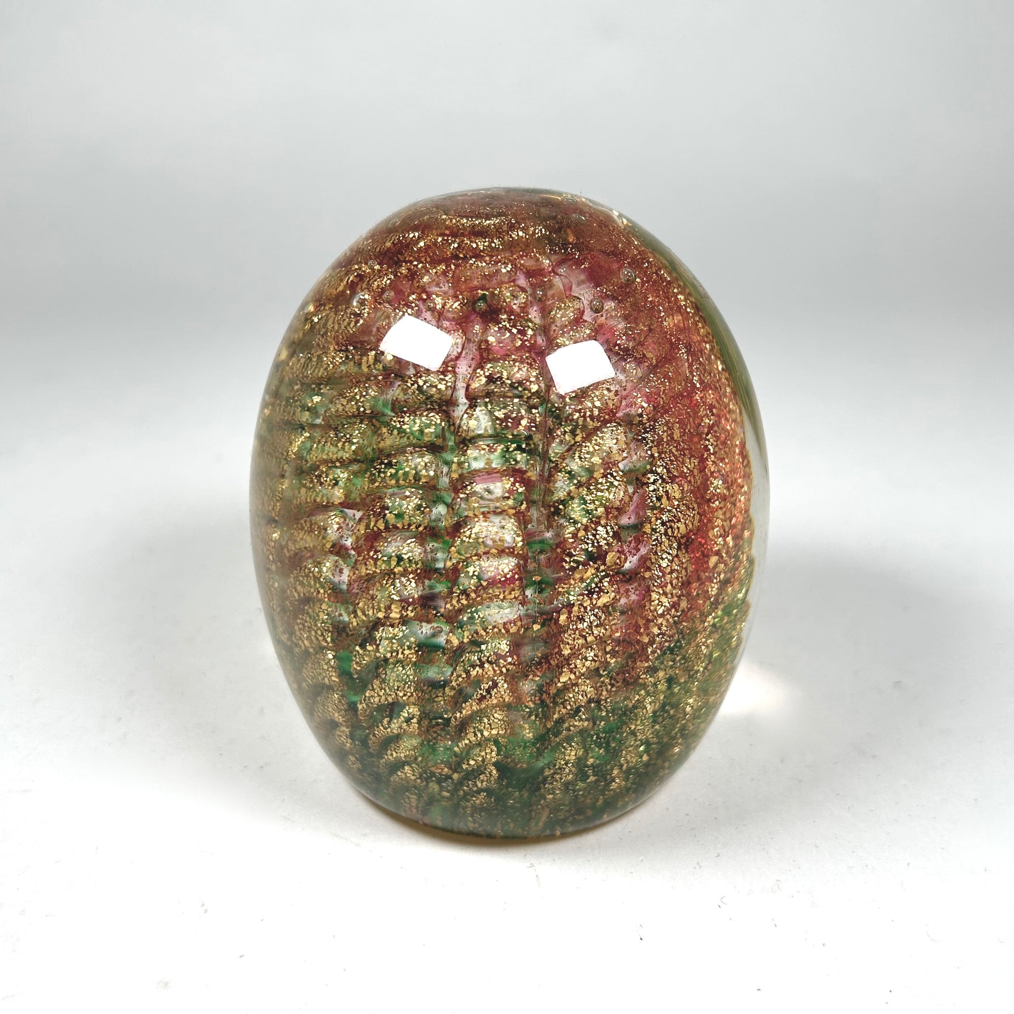 Iridescent Egg Shaped Art Glass Paperweight in Green and Red