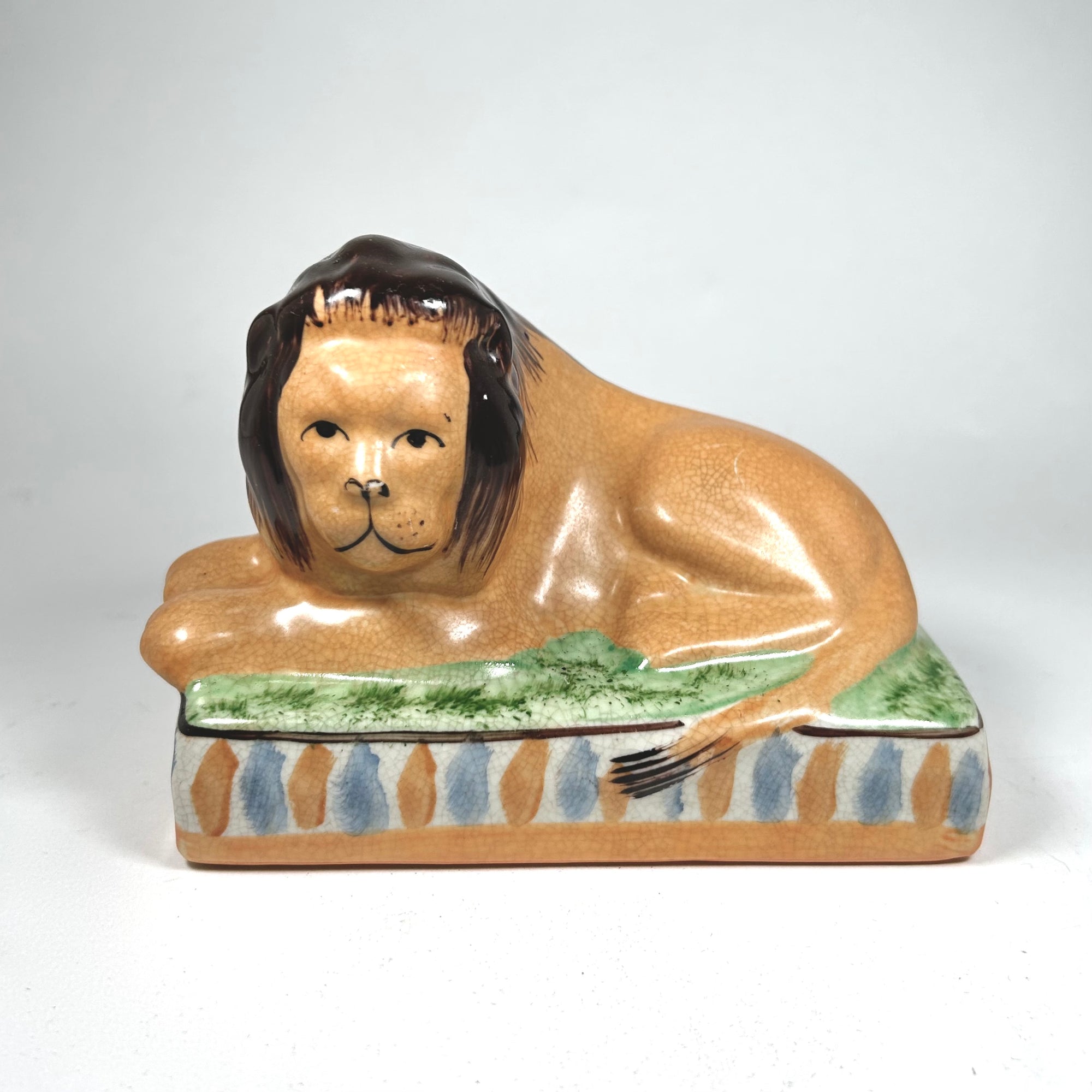 Staffordshire Lion on Cushion Hand-Painted English Pottery Figure