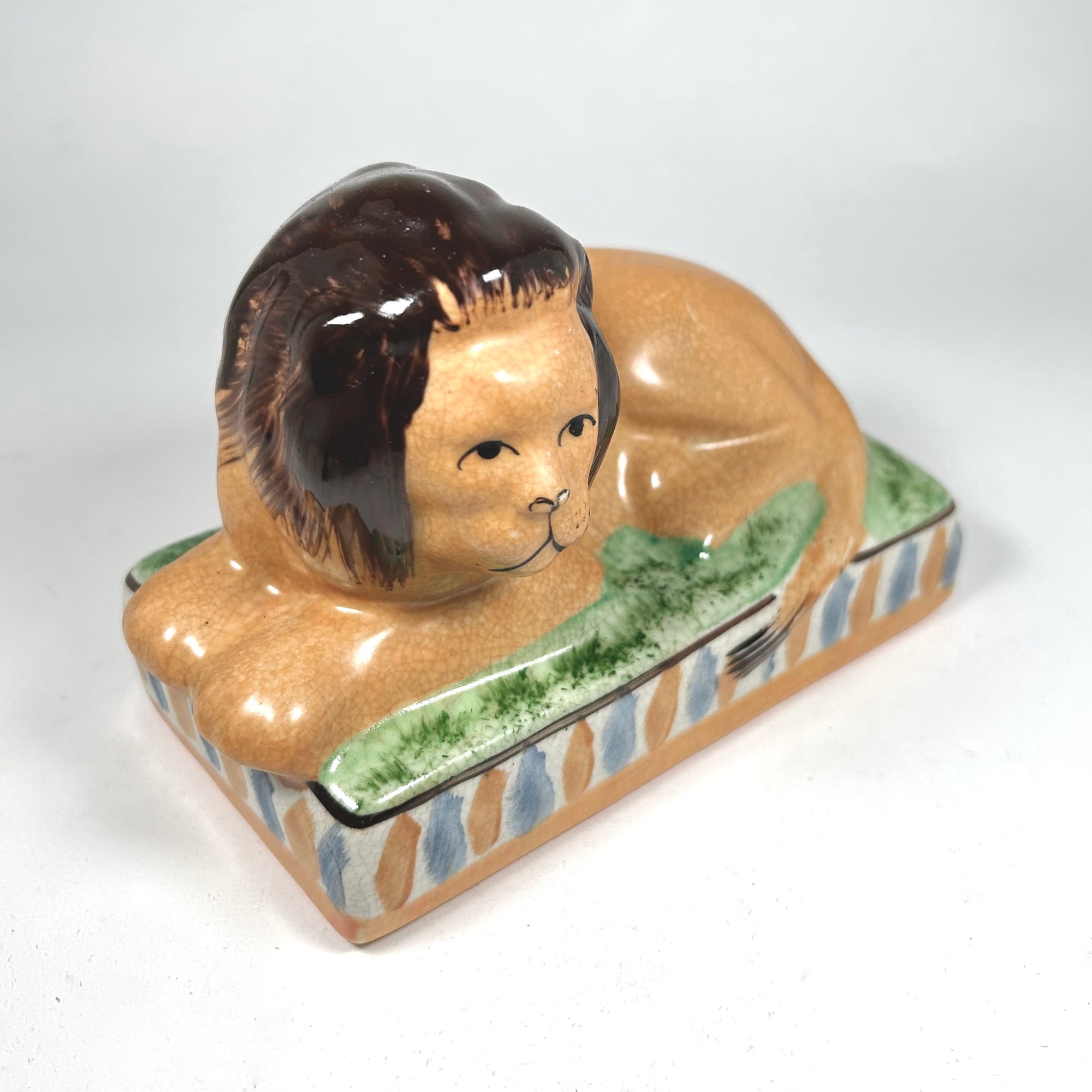 Staffordshire Lion on Cushion Hand-Painted English Pottery Figure