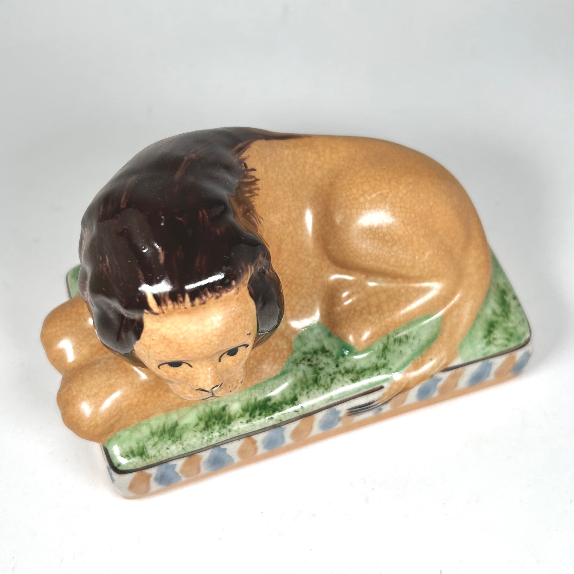Staffordshire Lion on Cushion Hand-Painted English Pottery Figure