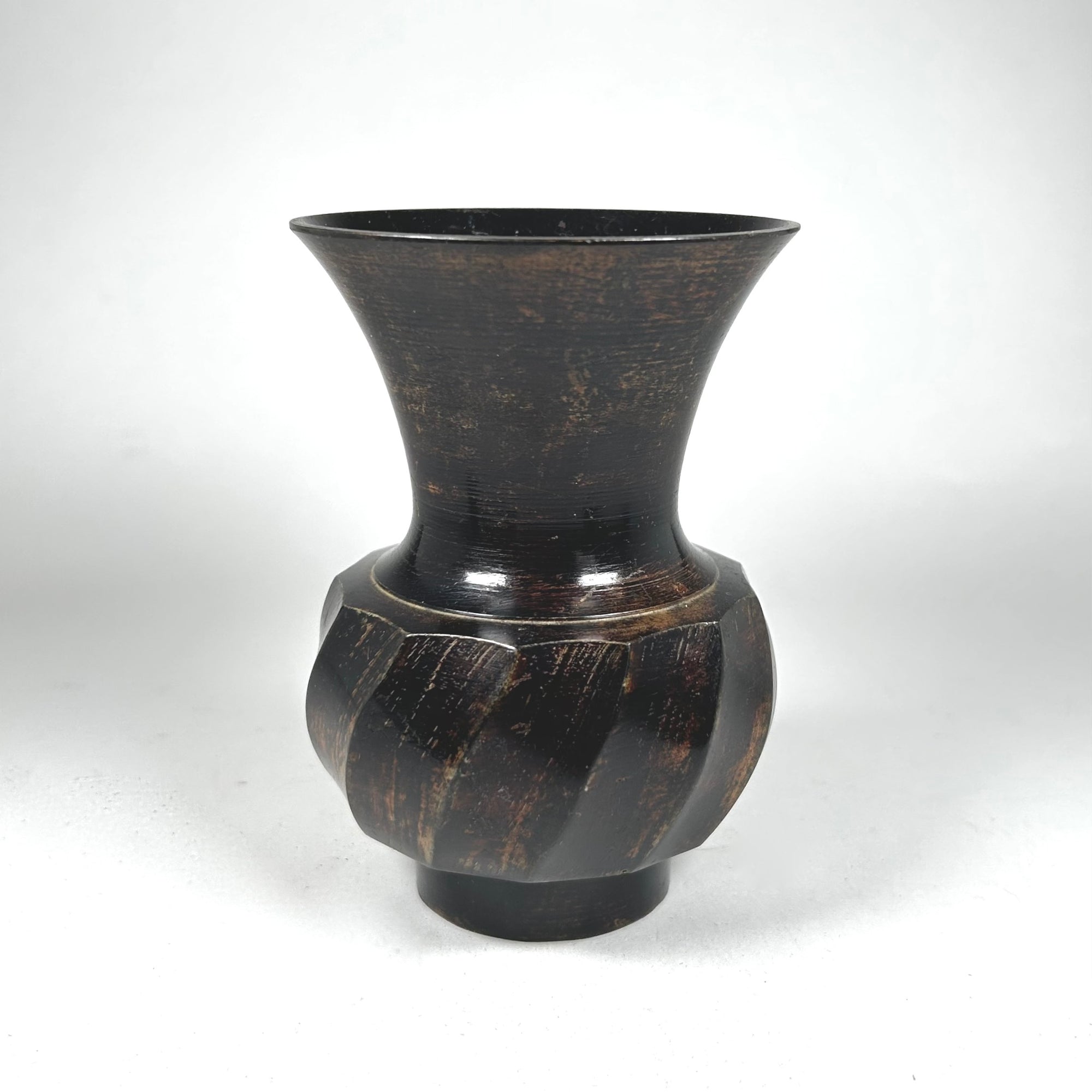 Small Metal Flared Vase with Swirl Body in Dark Brown and Black
