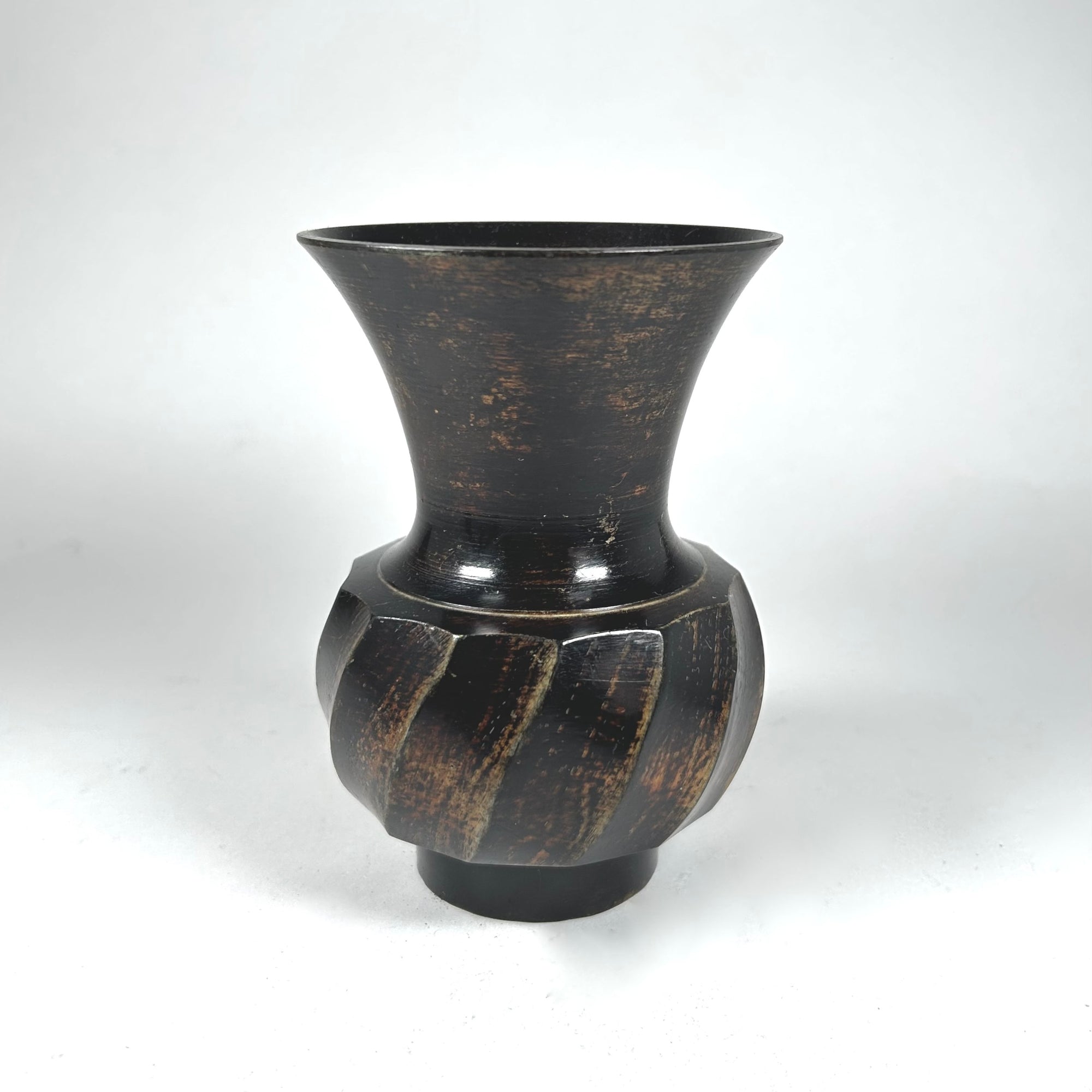 Small Metal Flared Vase with Swirl Body in Dark Brown and Black