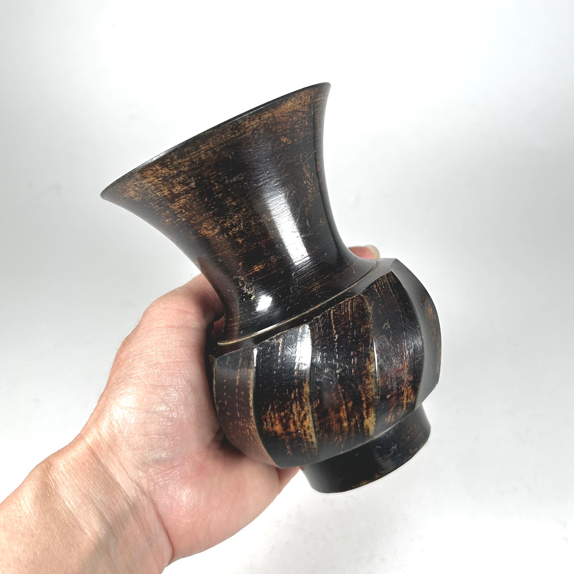 Small Metal Flared Vase with Swirl Body in Dark Brown and Black