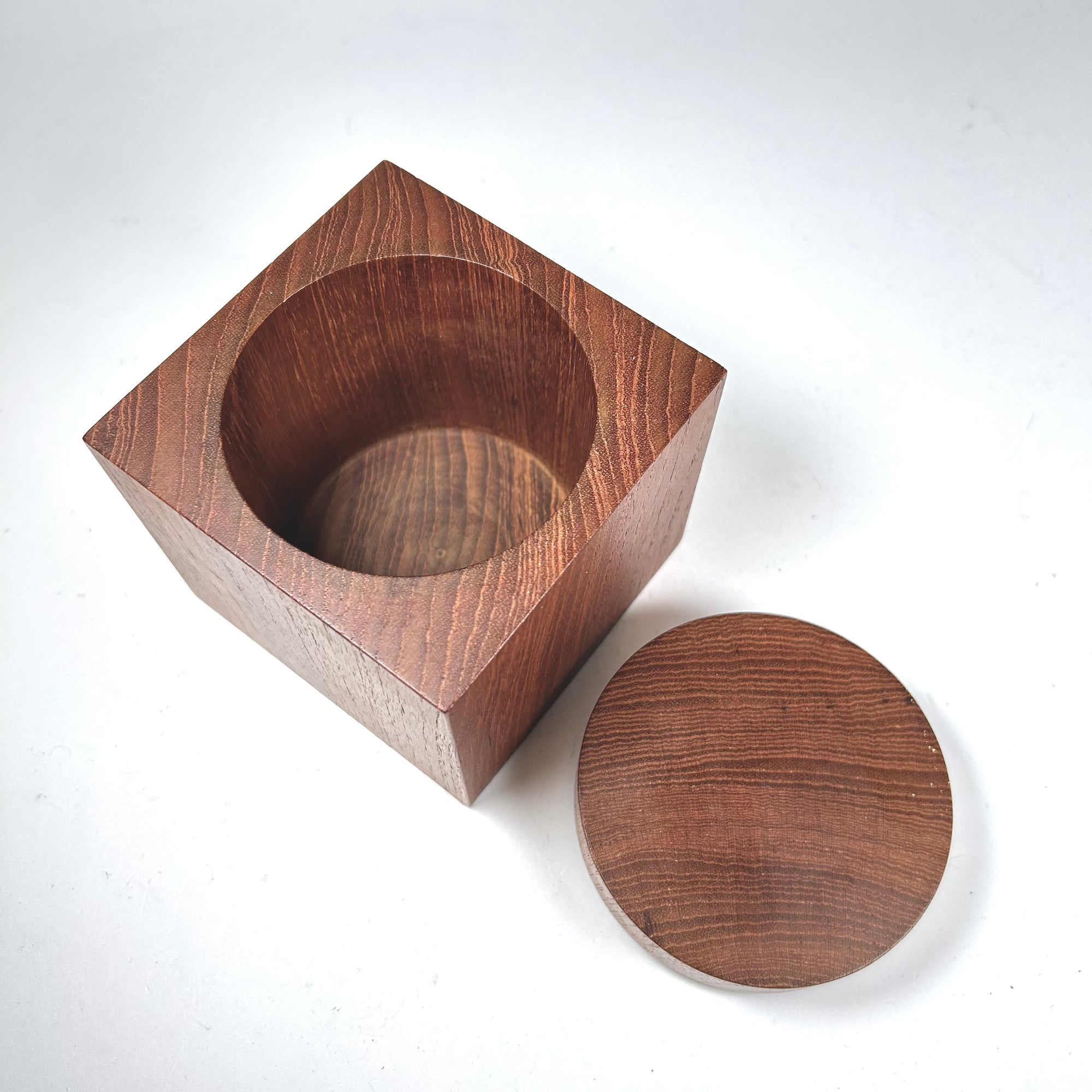 Mid-Century Scandinavian Square Wood Box with Round Lid