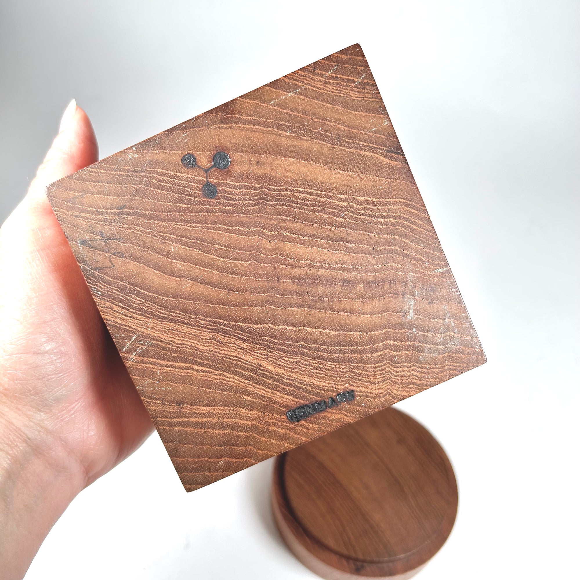 Mid-Century Scandinavian Square Wood Box with Round Lid