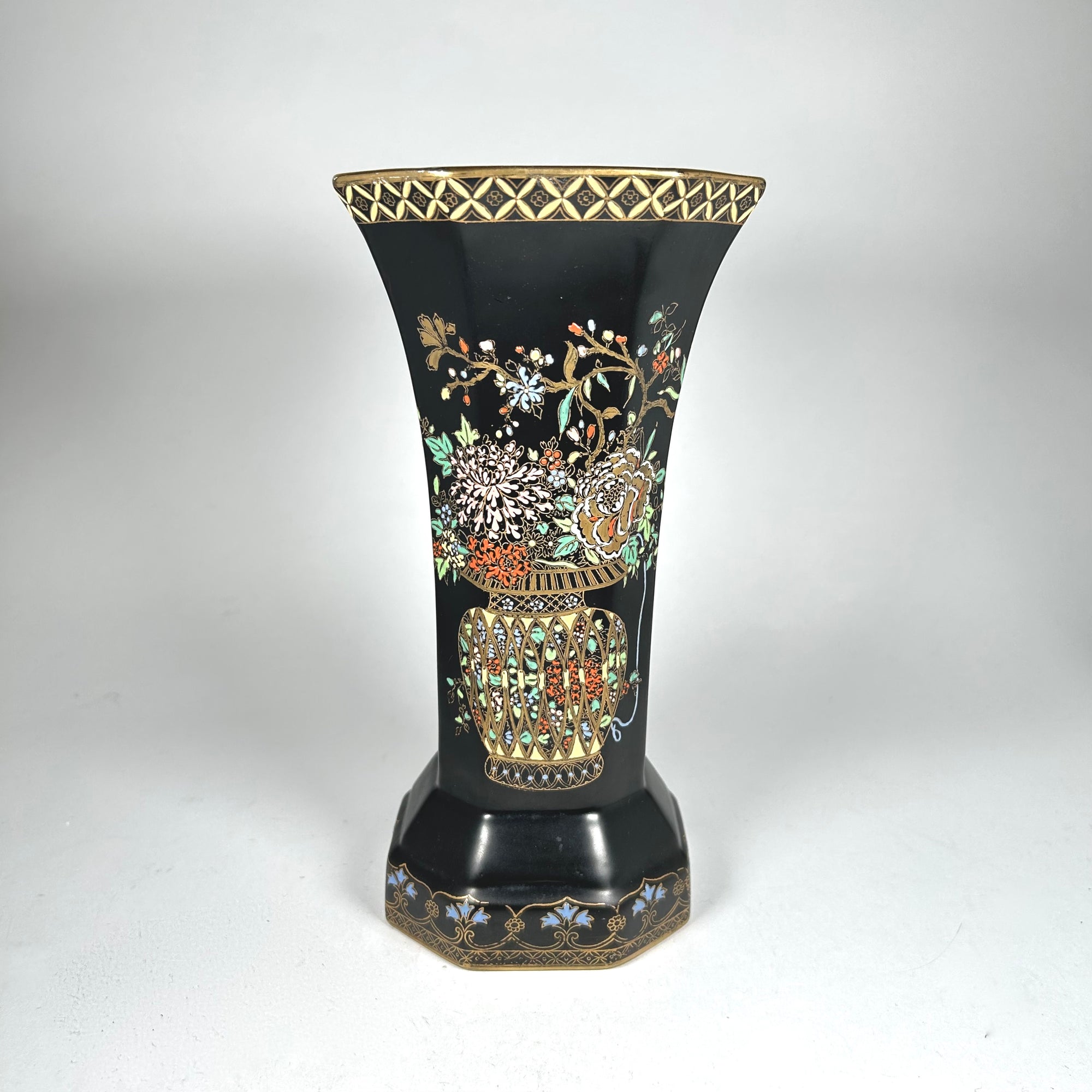 Art Deco Style Carlton Ware Black Octagonal Floral Vase with Butterflies