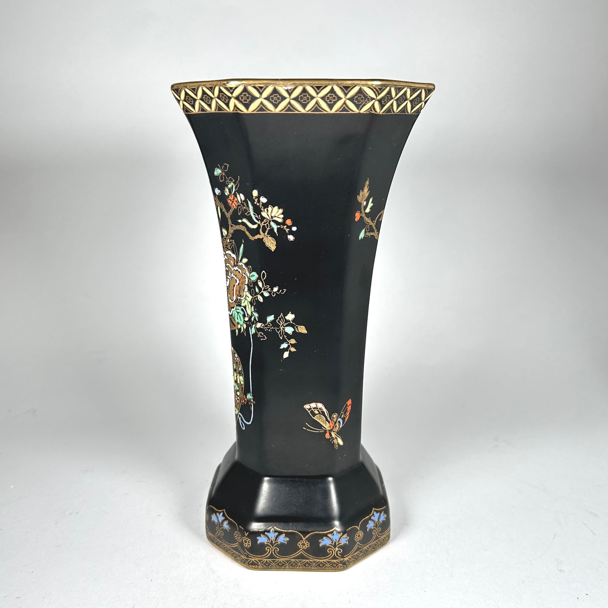 Art Deco Style Carlton Ware Black Octagonal Floral Vase with Butterflies