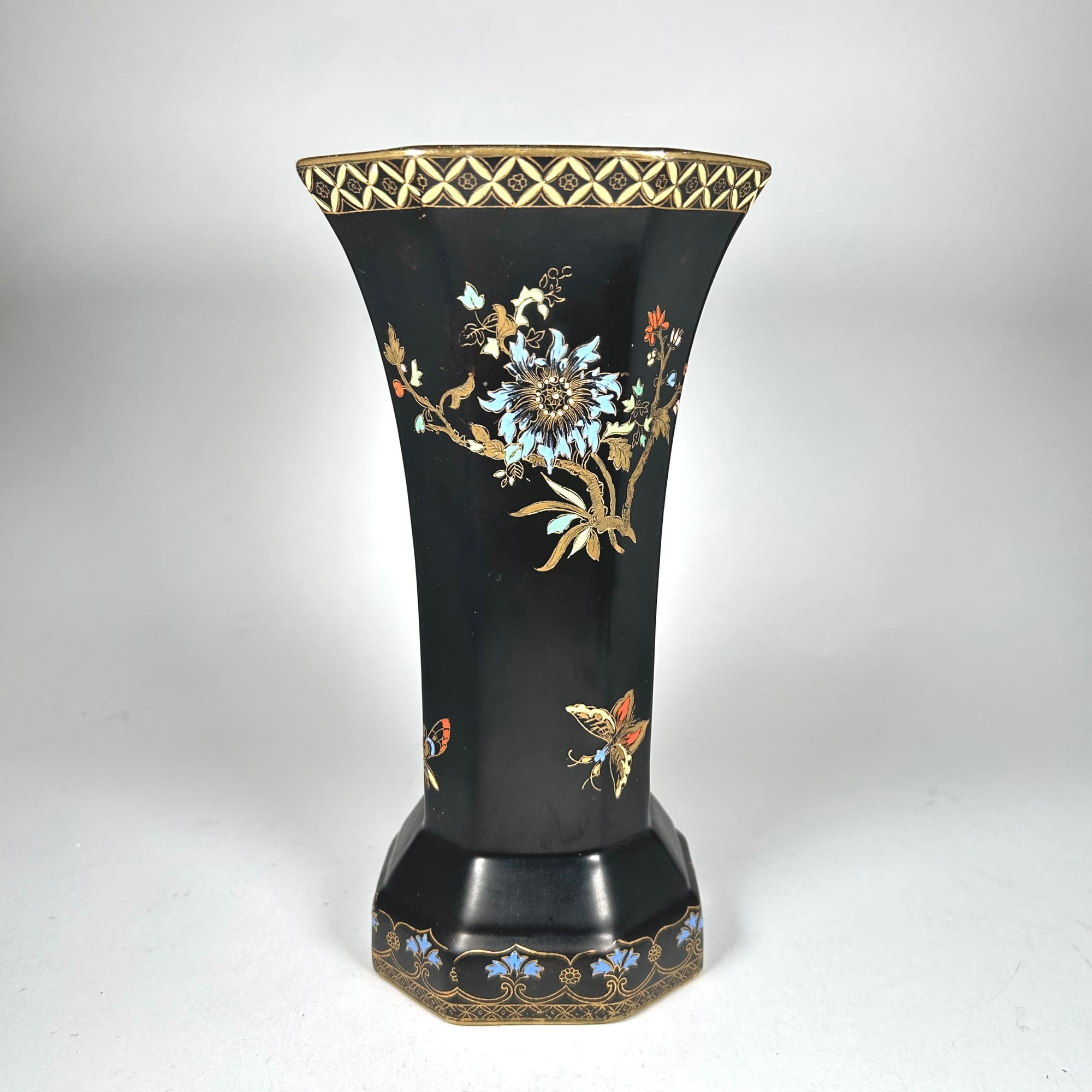 Art Deco Style Carlton Ware Black Octagonal Floral Vase with Butterflies