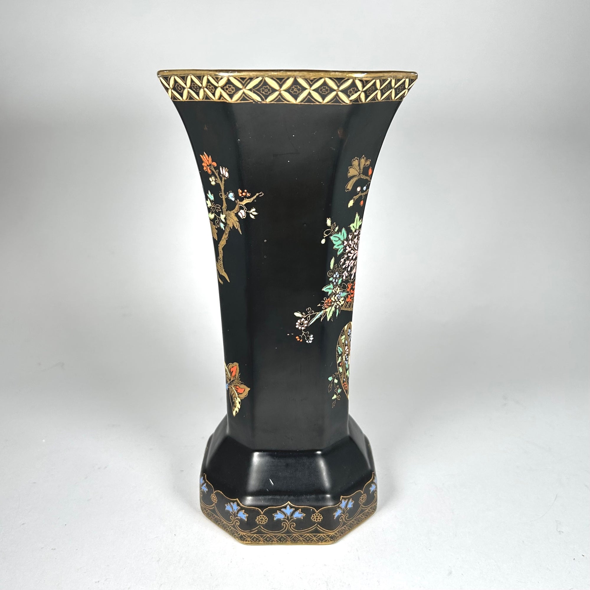 Art Deco Style Carlton Ware Black Octagonal Floral Vase with Butterflies