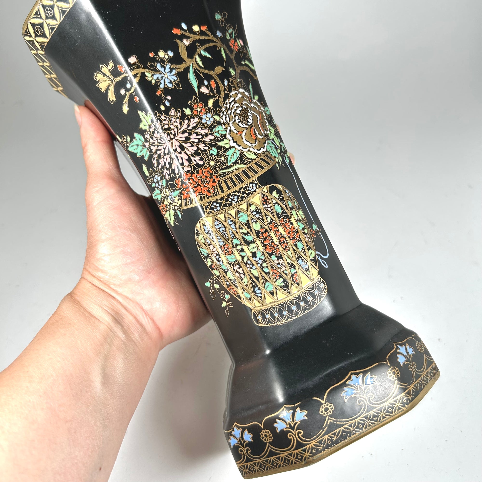 Art Deco Style Carlton Ware Black Octagonal Floral Vase with Butterflies