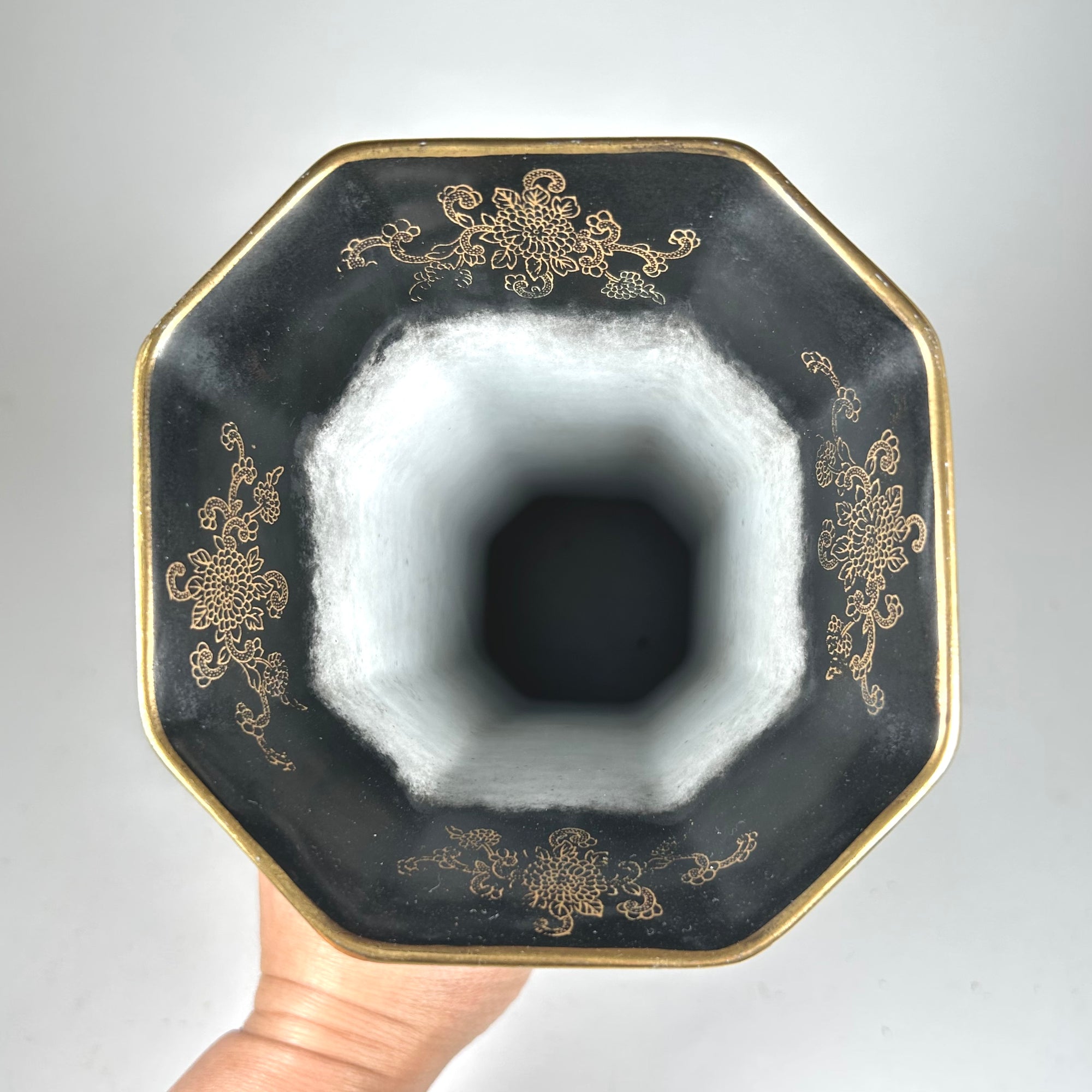 Art Deco Style Carlton Ware Black Octagonal Floral Vase with Butterflies