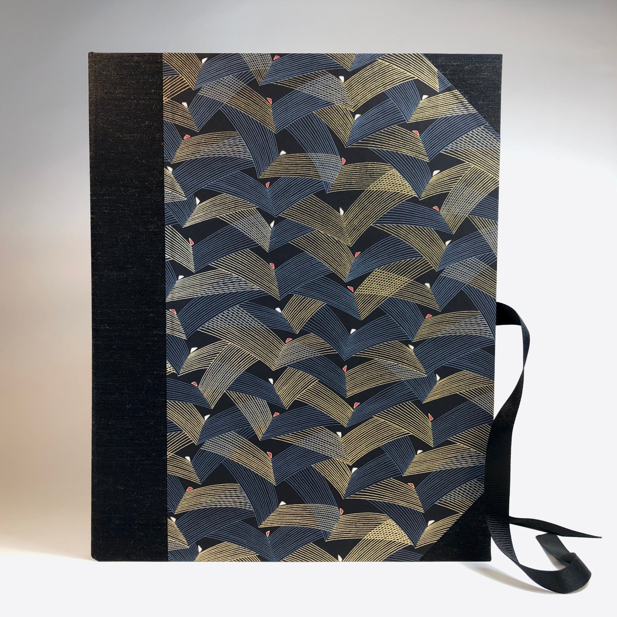 Desk Organizer Folio in Luxurious Blue and Black with Ribbon Closure
