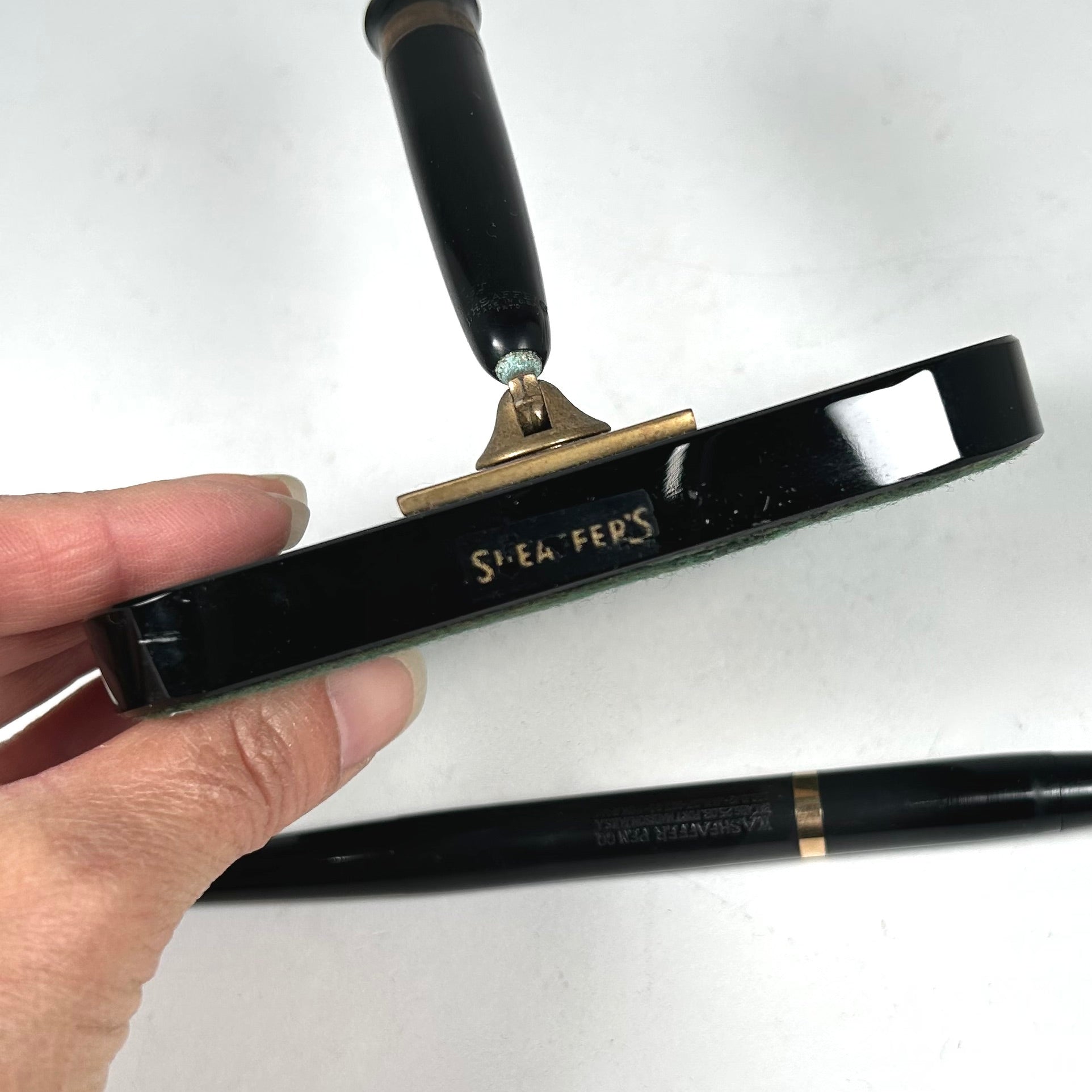 Vintage Sheaffer's Black Glass Pen Holder and Fountain Pen